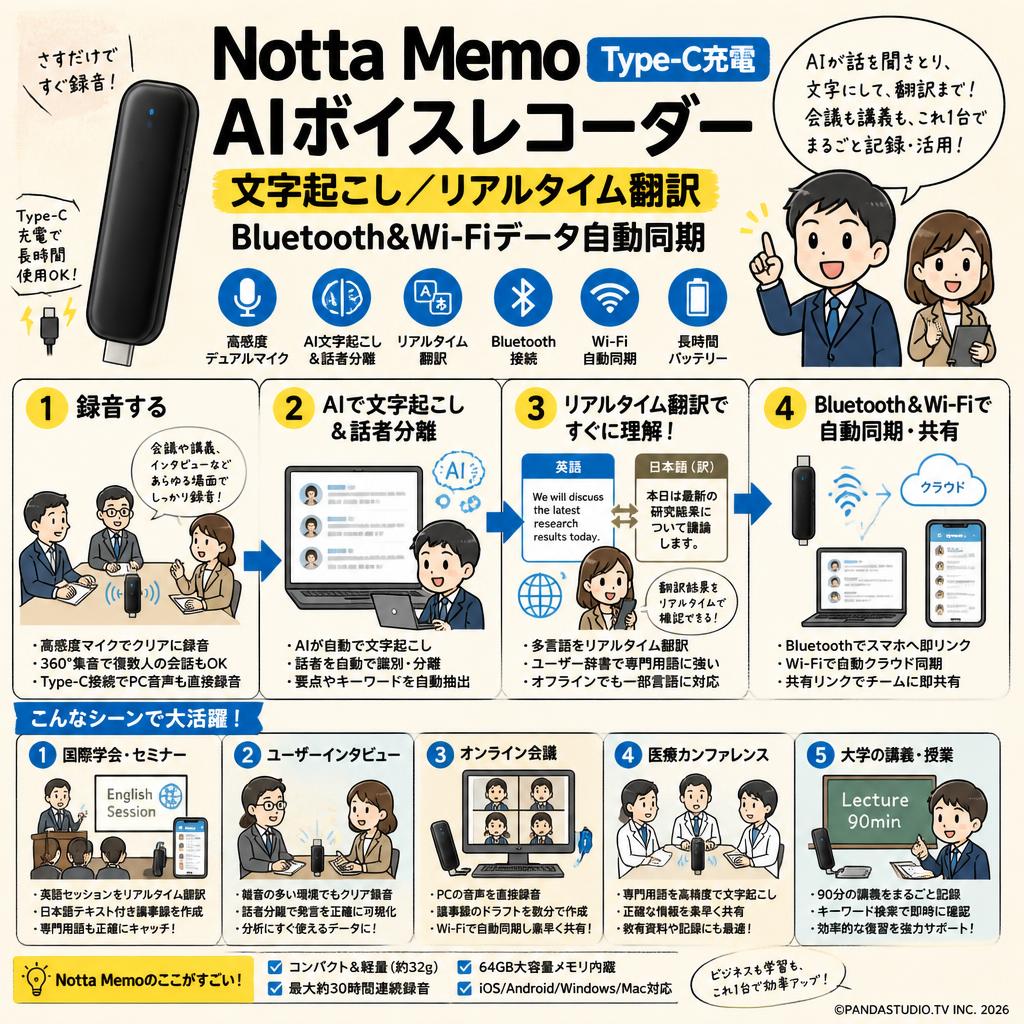 Notta Memo Type-C充電 AIボイスレコーダー 文字起こし/リアルタイム翻訳  Bluetooth&Wi-Fiデータ自動同期 用途