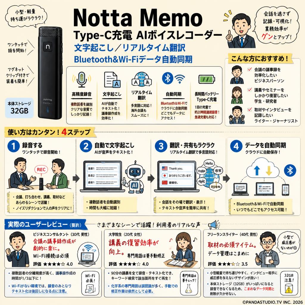Notta Memo Type-C充電 AIボイスレコーダー 文字起こし/リアルタイム翻訳  Bluetooth&Wi-Fiデータ自動同期 インターネット上のお客様の声（評判）