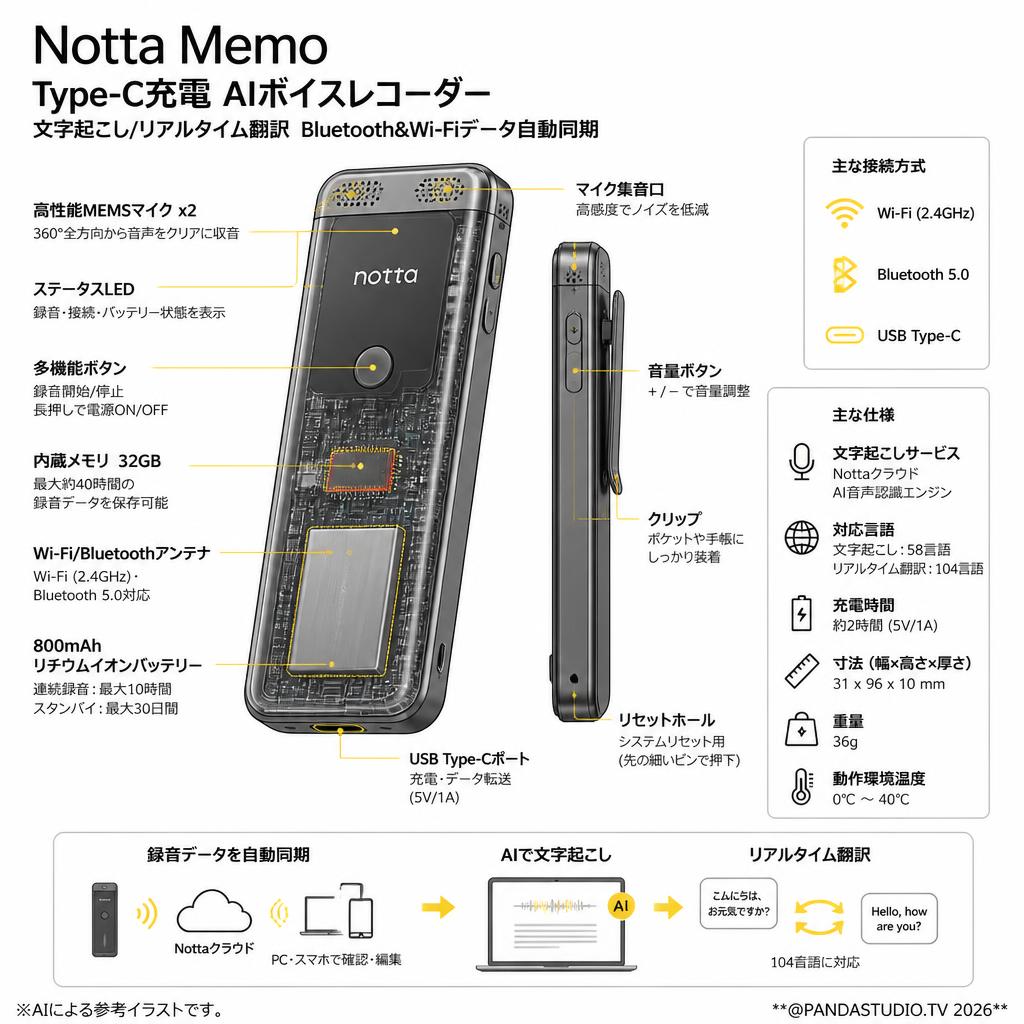 Notta Memo Type-C充電 AIボイスレコーダー 文字起こし/リアルタイム翻訳  Bluetooth&Wi-Fiデータ自動同期 スペック