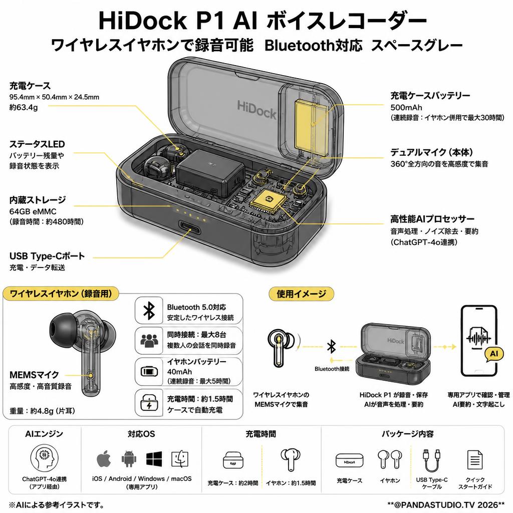 HiDock P1 AI ボイスレコーダー 文字起こし Bluetooth対応 スペースグレー スペック