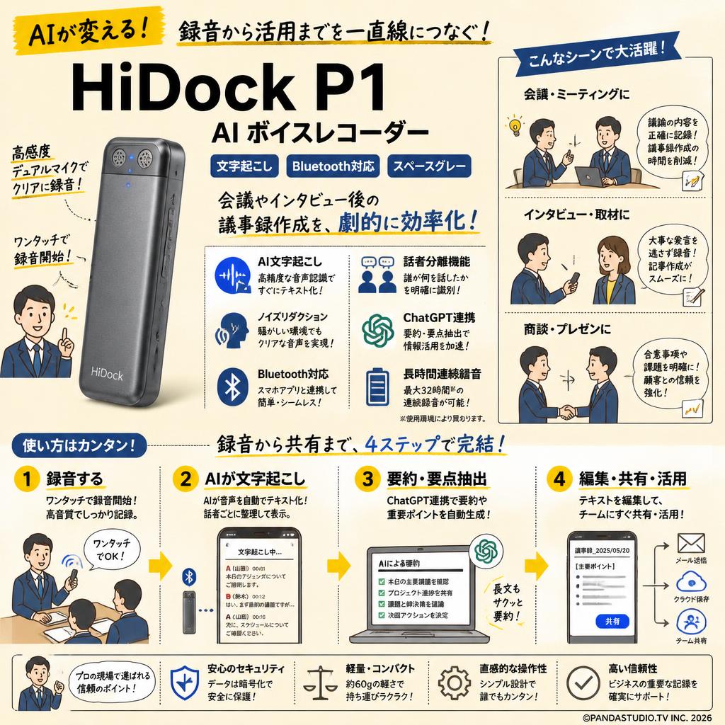 HiDock P1 AI ボイスレコーダー 文字起こし Bluetooth対応 スペースグレー 概要