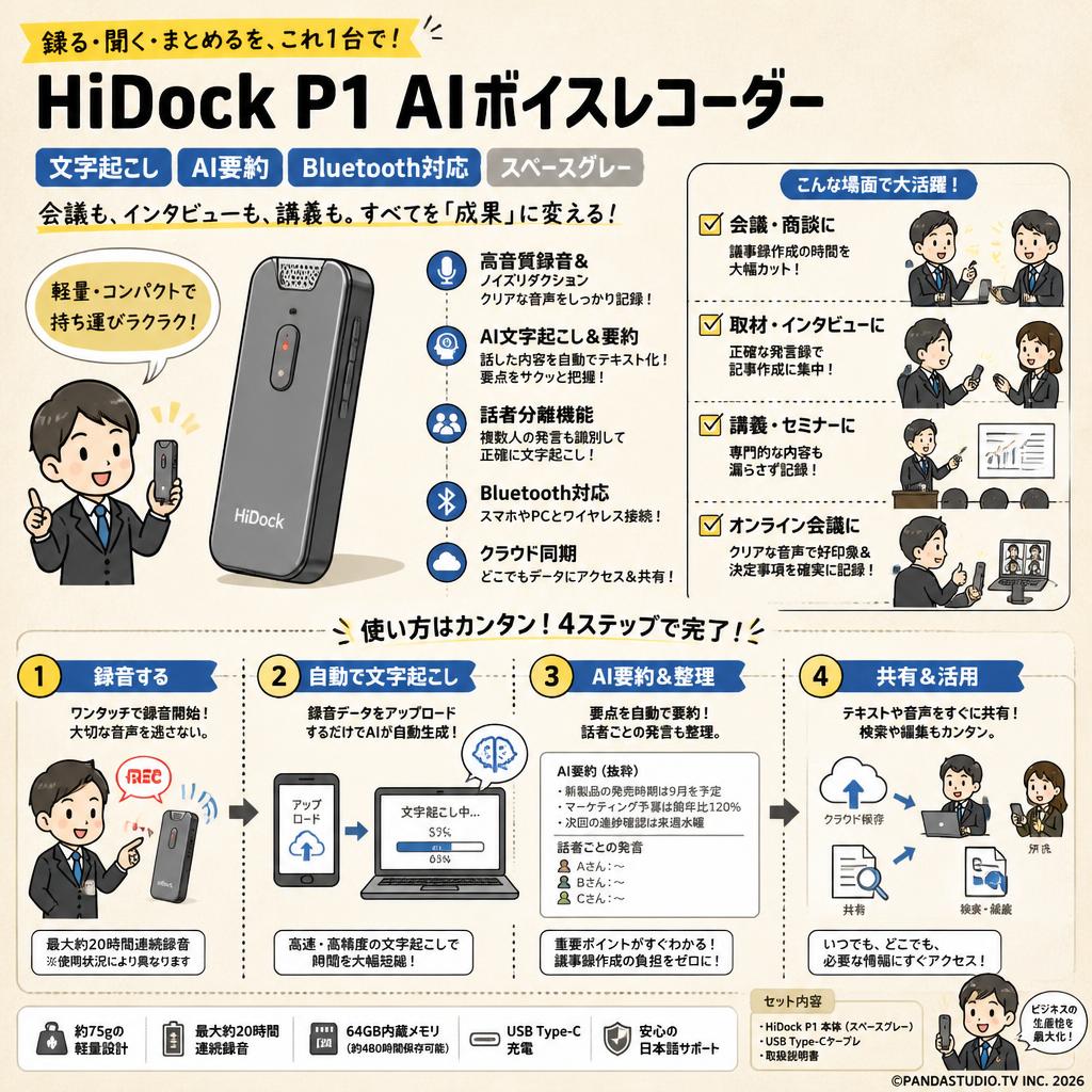 HiDock P1 AI ボイスレコーダー 文字起こし Bluetooth対応 スペースグレー おもな対象のお客様