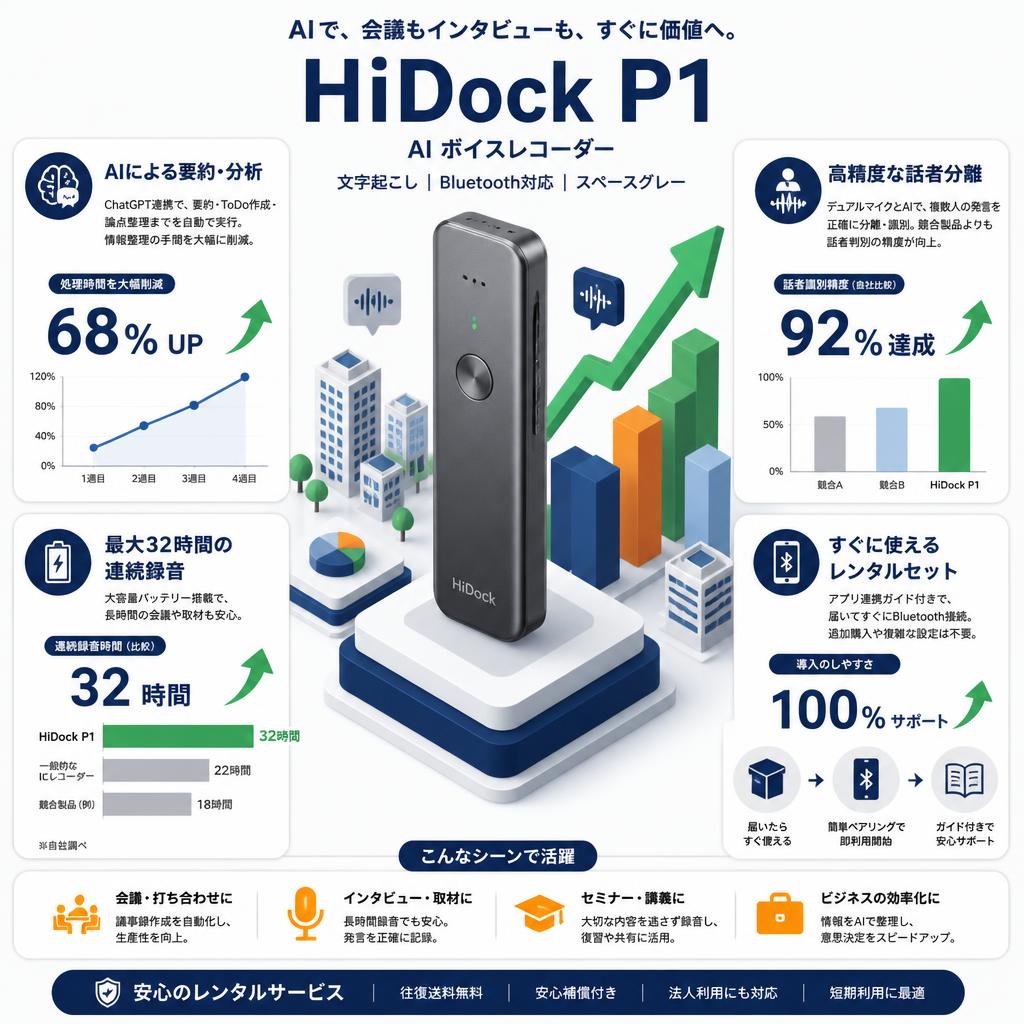 HiDock P1 AI ボイスレコーダー 文字起こし Bluetooth対応 スペースグレー セールスポイント