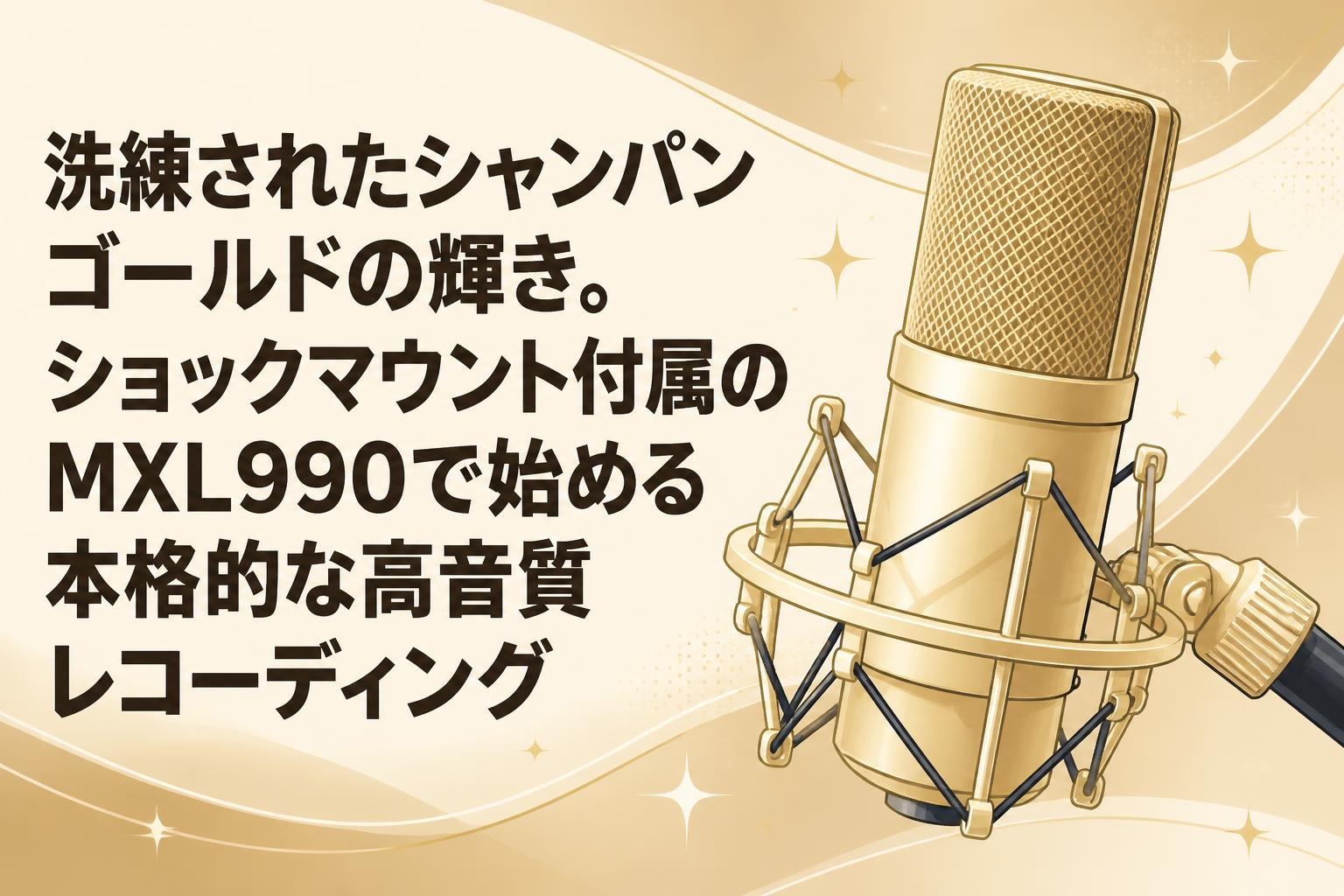 洗練されたシャンパンゴールドの輝き。ショックマウント付属のMXL990で始める本格的な高音質レコーディング