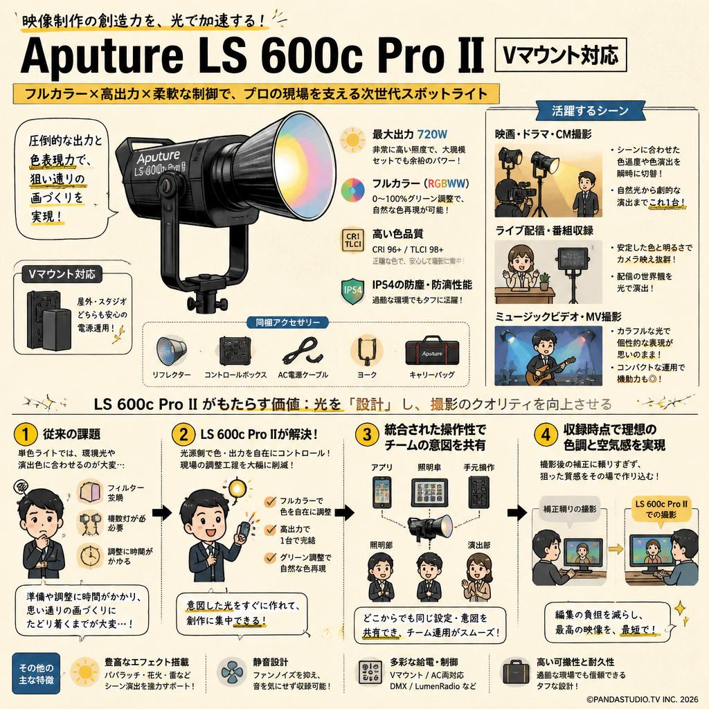 Aputure LS 600c Pro II 600W 色温度 2,300K-10,000K (スタンド無し) [Vマウント] 概要