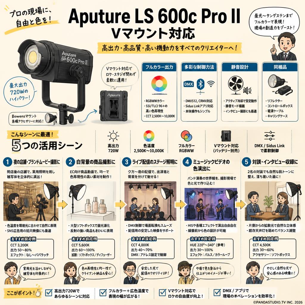 Aputure LS 600c Pro II 600W 色温度 2,300K-10,000K (スタンド無し) [Vマウント] 用途