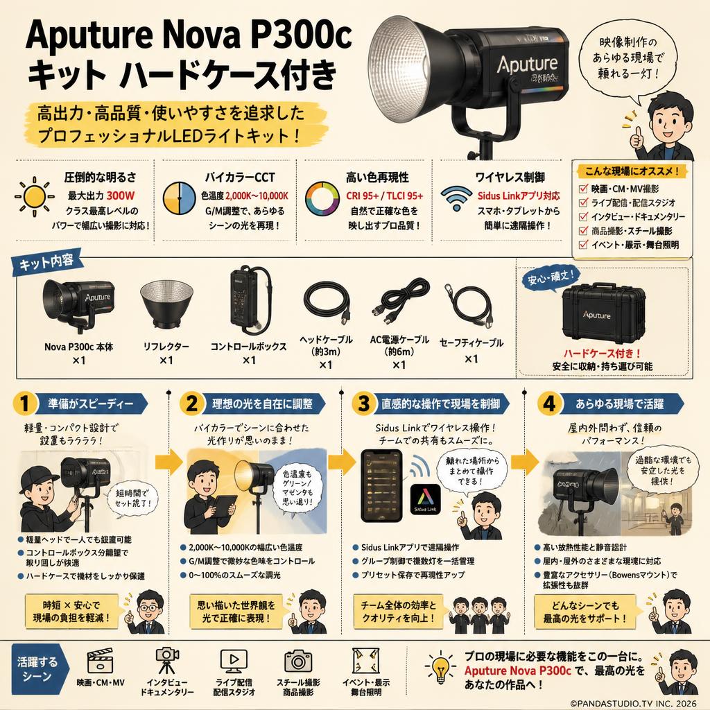 Aputure Nova P300c キット ハードケース付き 300W 色温度 2,000K-10,000K  (スタンド無し) レンタル 概要