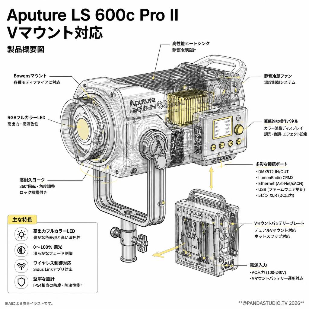 Aputure LS 600c Pro II 600W 色温度 2,300K-10,000K (スタンド無し) [Vマウント] スペック