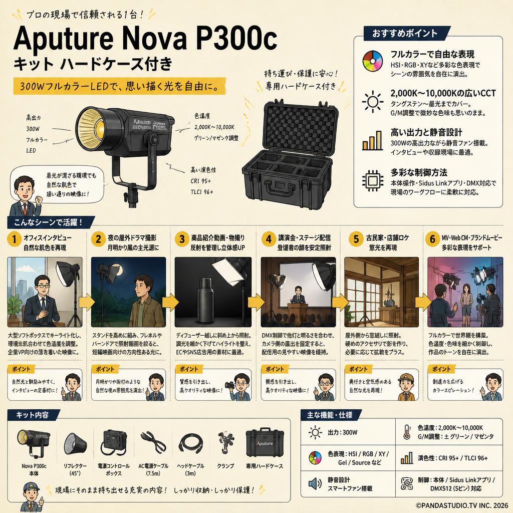 Aputure Nova P300c キット ハードケース付き 300W 色温度 2,000K-10,000K  (スタンド無し) レンタル 用途