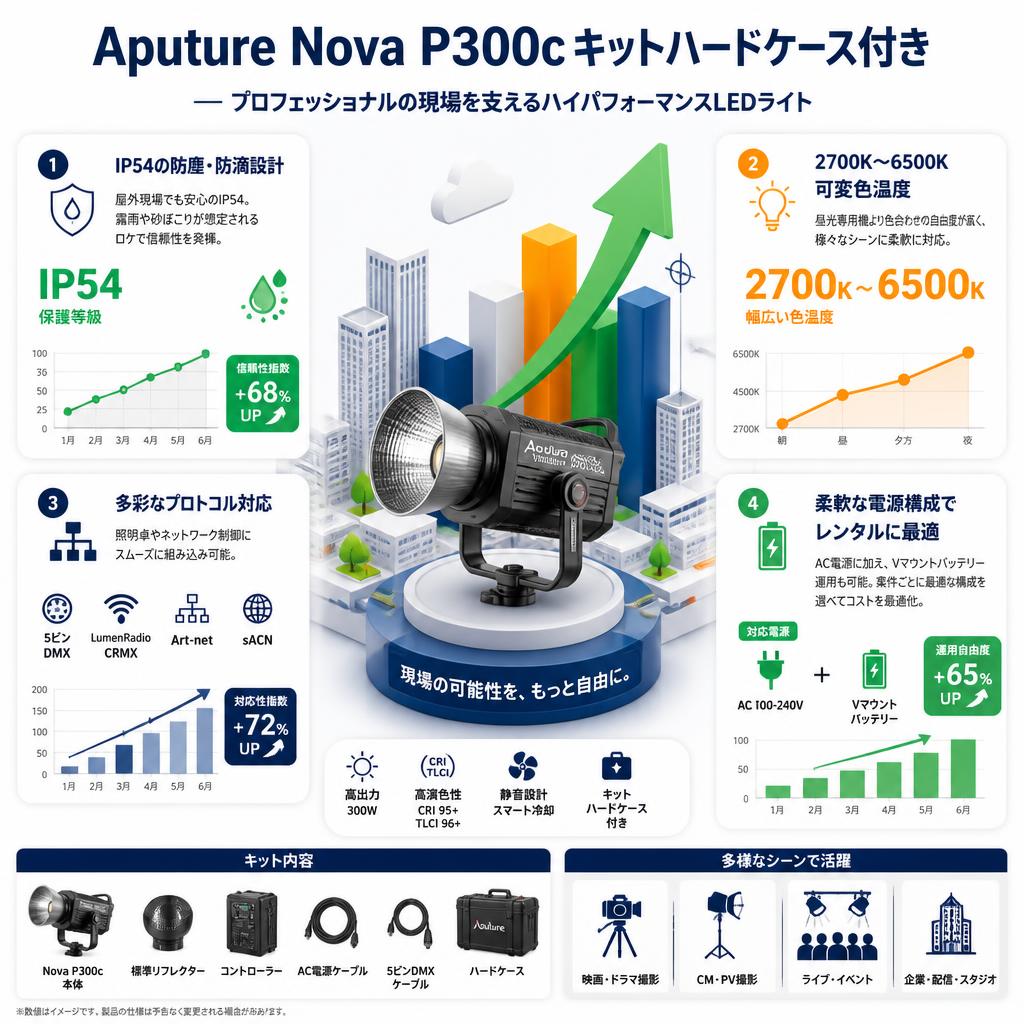 Aputure Nova P300c キット ハードケース付き 300W 色温度 2,000K-10,000K  (スタンド無し) レンタル セールスポイント