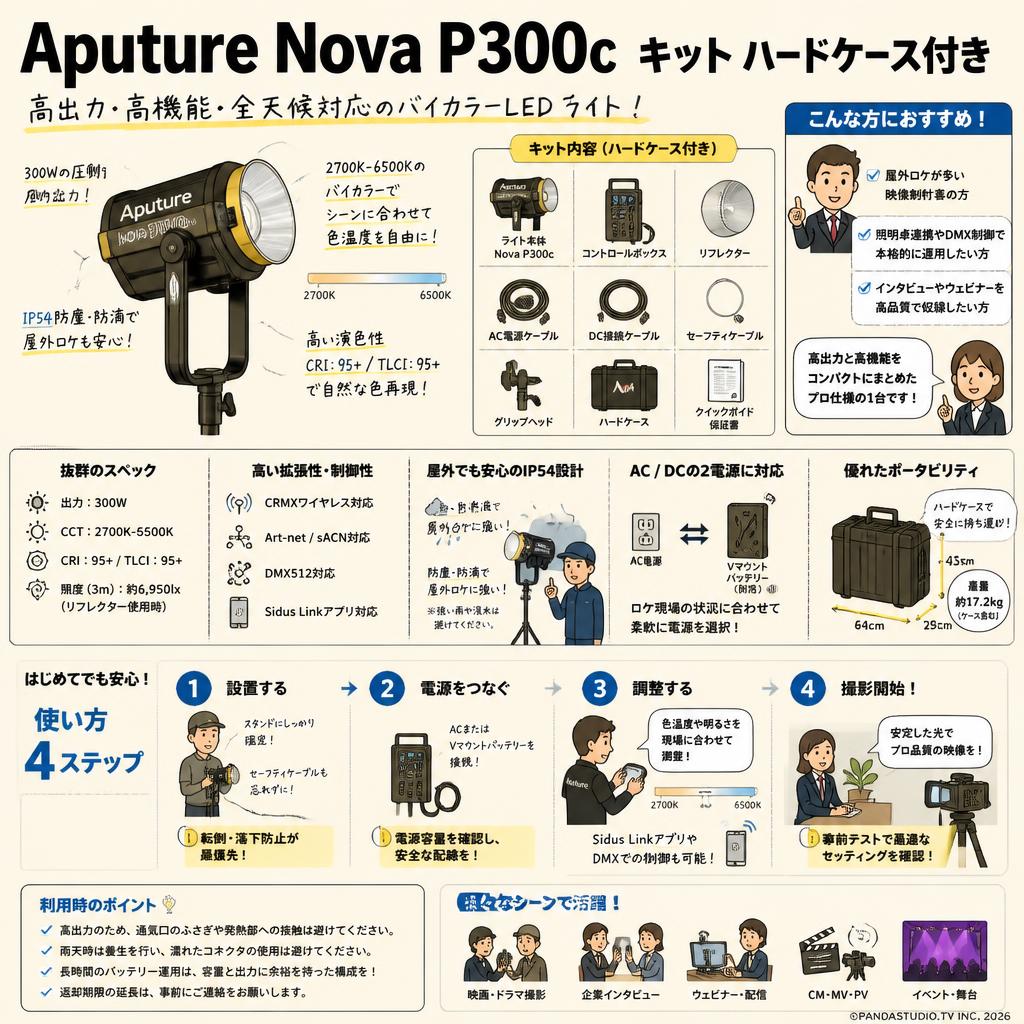 Aputure Nova P300c キット ハードケース付き 300W 色温度 2,000K-10,000K  (スタンド無し) レンタル FAQ（よくある質問と答え）