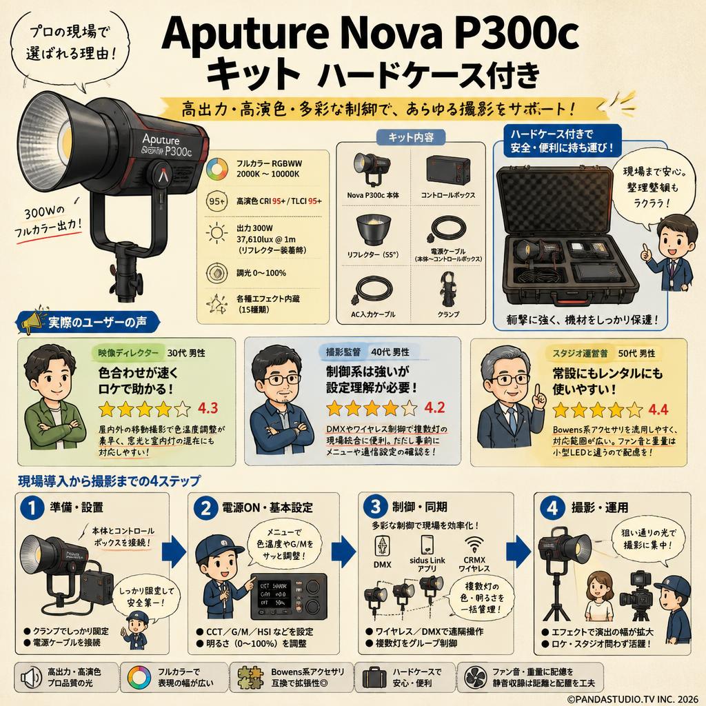 Aputure Nova P300c キット ハードケース付き 300W 色温度 2,000K-10,000K  (スタンド無し) レンタル インターネット上のお客様の声（評判）
