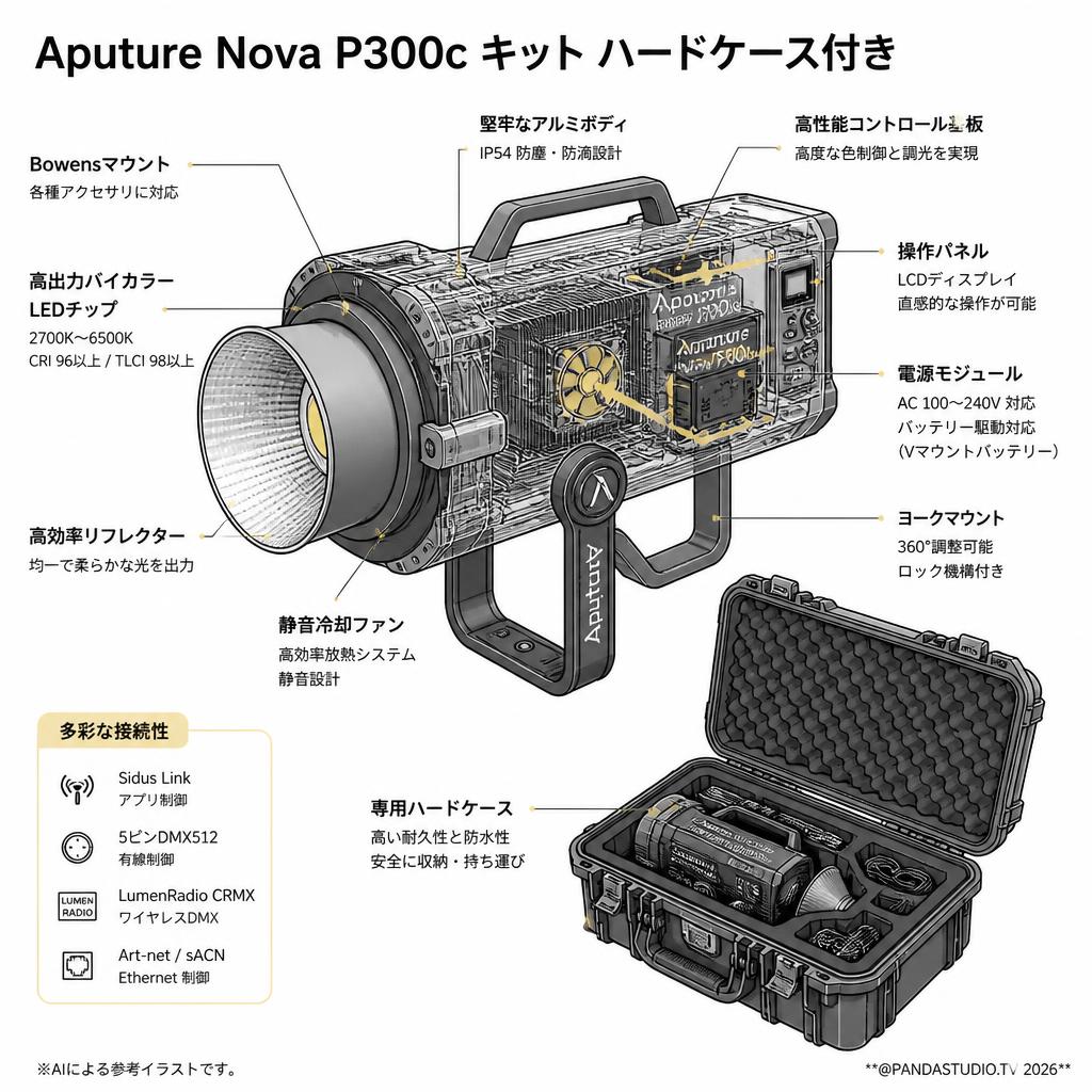 Aputure Nova P300c キット ハードケース付き 300W 色温度 2,000K-10,000K  (スタンド無し) レンタル スペック