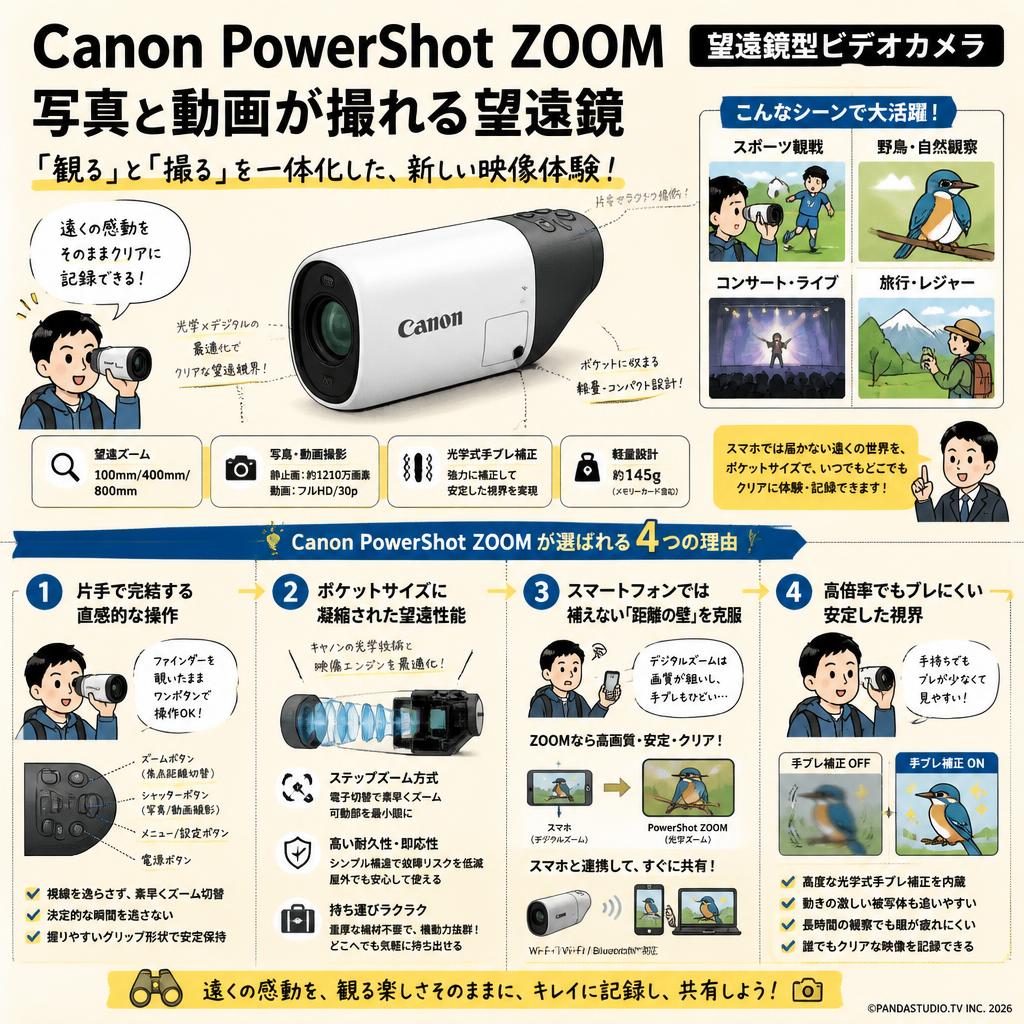 Canon PowerShot ZOOM [望遠鏡型ビデオカメラ] 写真と動画が撮れる望遠鏡 概要