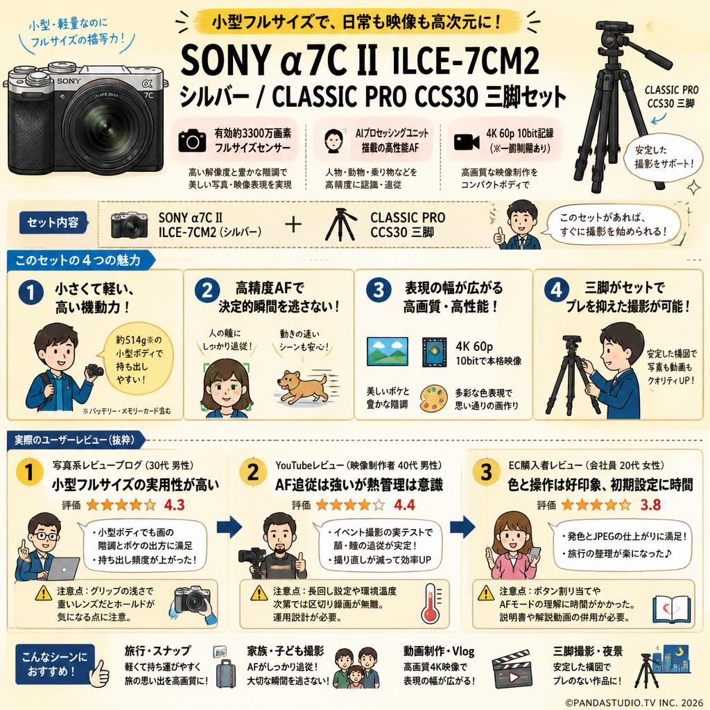 SONY α7C II ILCE-7CM2  シルバー / CLASSIC PRO CCS30 三脚セット インターネット上のお客様の声（評判）