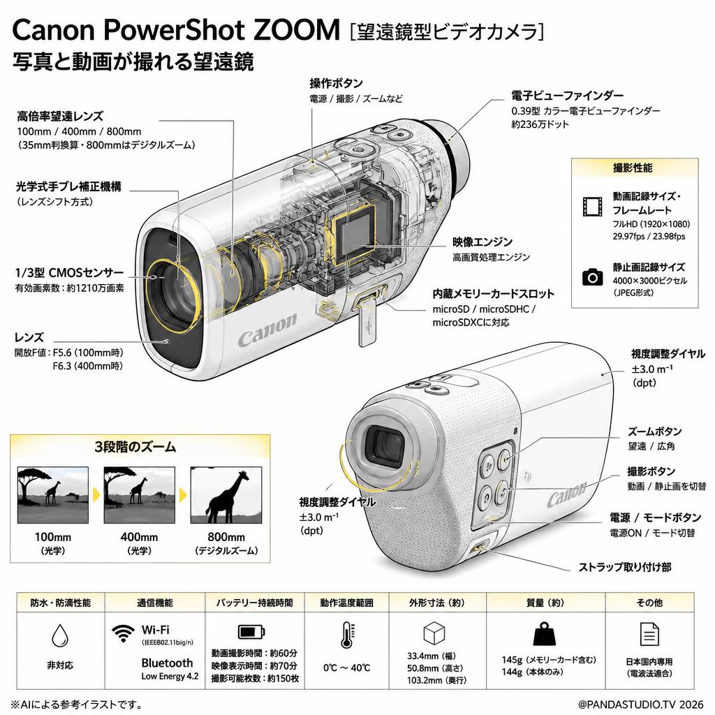 Canon PowerShot ZOOM [望遠鏡型ビデオカメラ] 写真と動画が撮れる望遠鏡 スペック