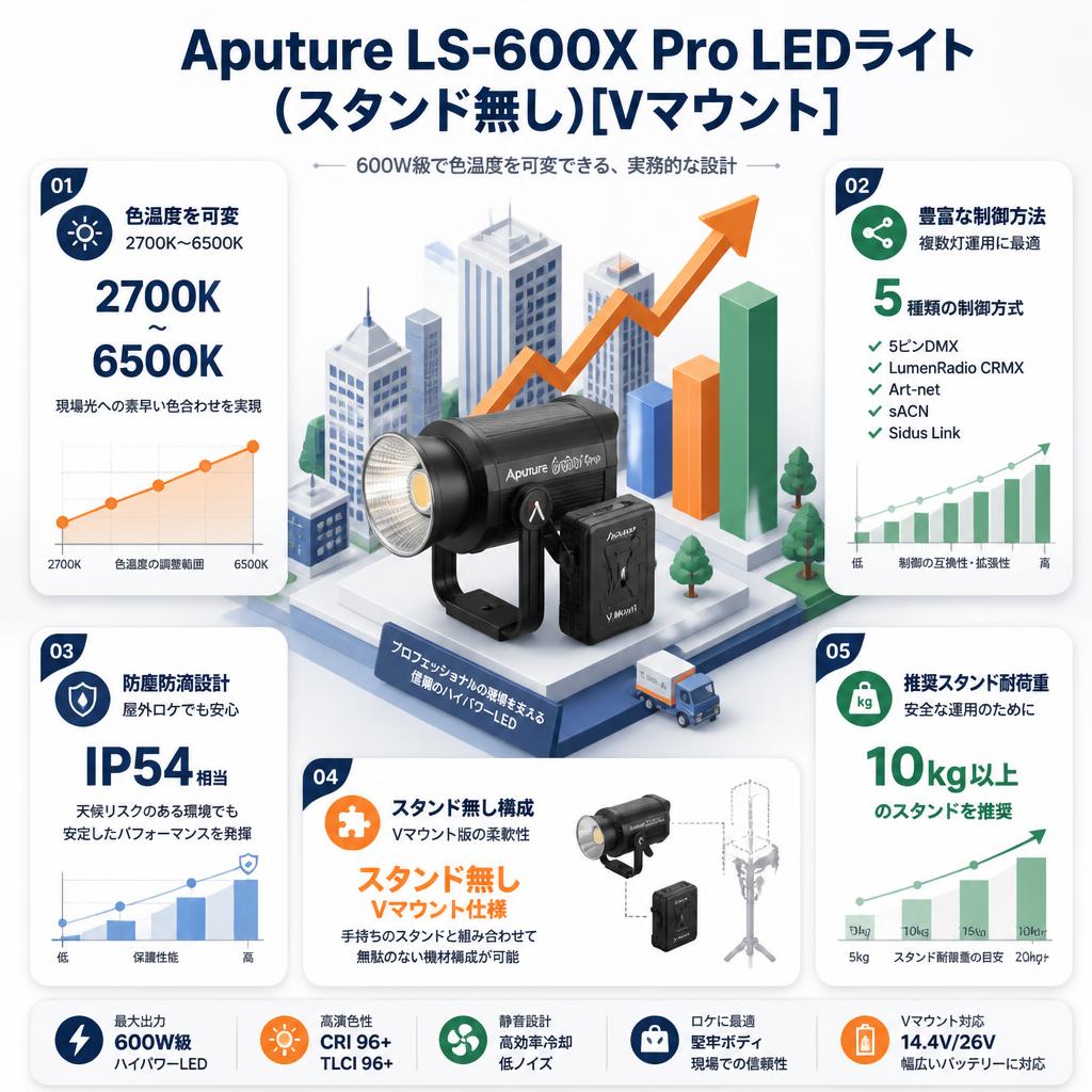 Aputure LS-600X Pro LEDライト600W 色温度 2,700K-6,500K (スタンド無し)[Vマウント] セールスポイント