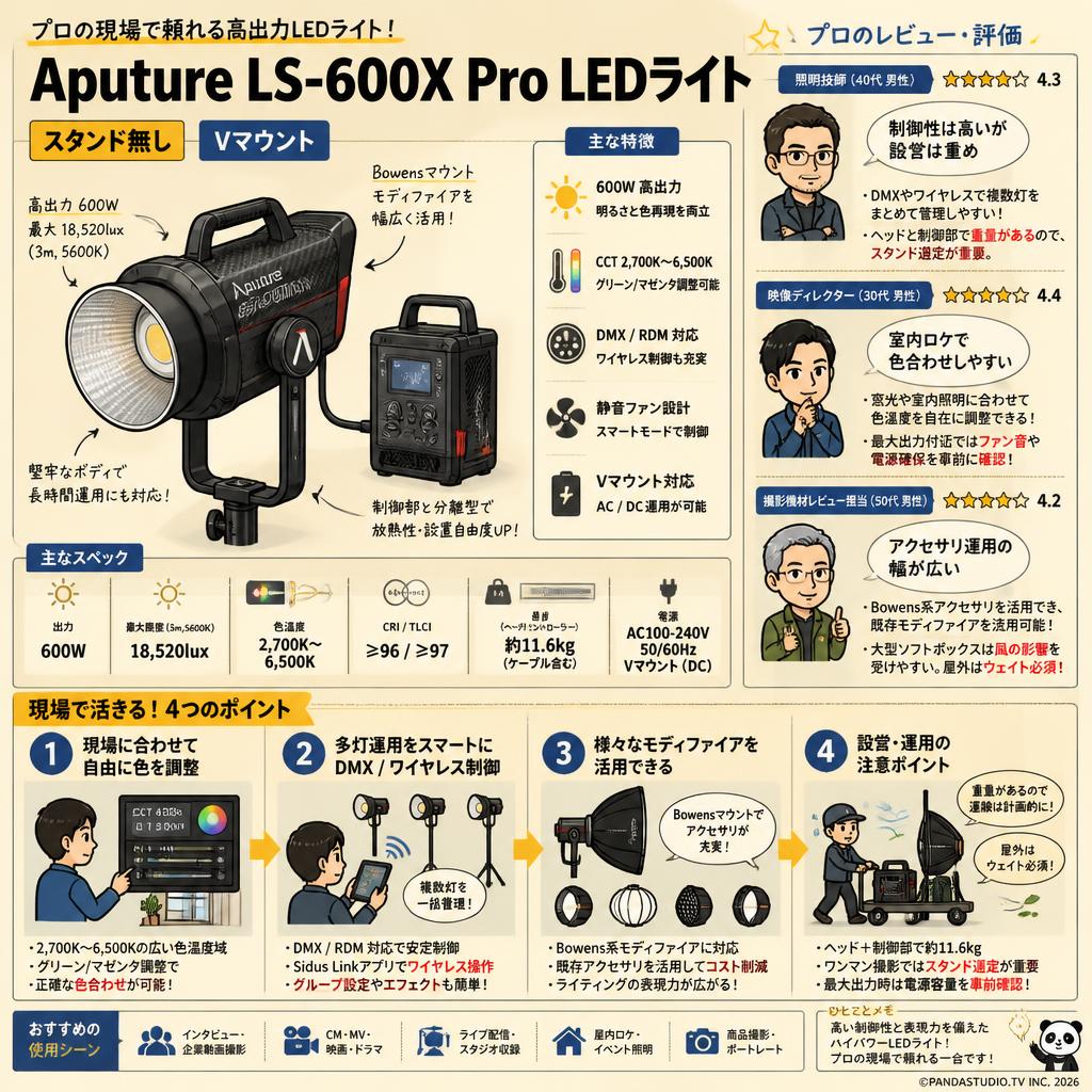 Aputure LS-600X Pro LEDライト600W 色温度 2,700K-6,500K (スタンド無し)[Vマウント] インターネット上のお客様の声（評判）