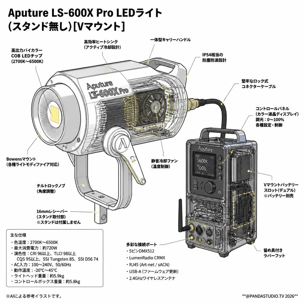Aputure LS-600X Pro LEDライト600W 色温度 2,700K-6,500K (スタンド無し)[Vマウント] スペック
