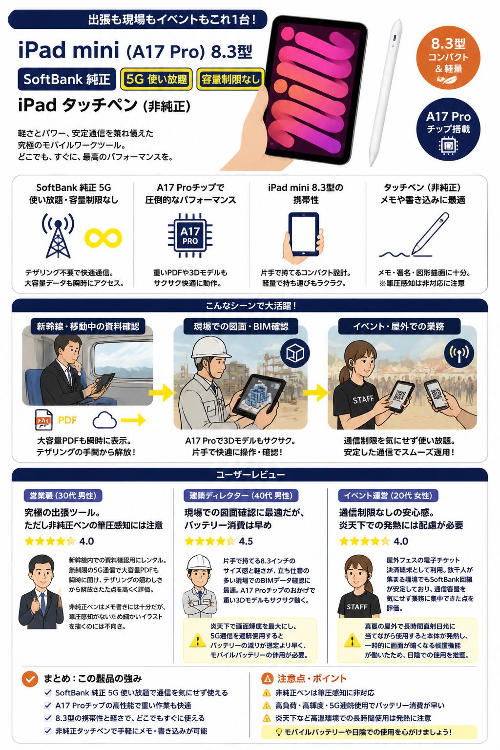 iPad mini (A17 Pro) 8.3型 SoftBank 純正 5G 使い放題 容量制限なし iPad タッチペン（非純正） インターネット上のお客様の声（評判）