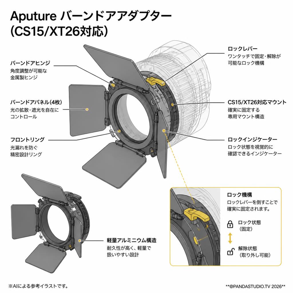 Aputure バーンドアアダプター (CS15/XT26対応) スペック