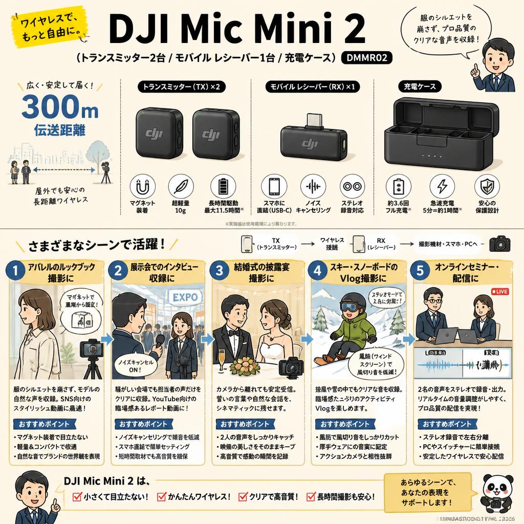 DJI Mic Mini 2（トランスミッター2台 / モバイル レシーバー1台 / 充電ケース） DMMR02【300m伝送距離 】 用途