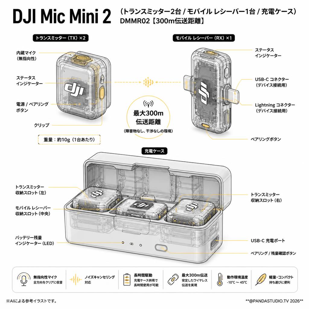 DJI Mic Mini 2（トランスミッター2台 / モバイル レシーバー1台 / 充電ケース） DMMR02【300m伝送距離 】 スペック