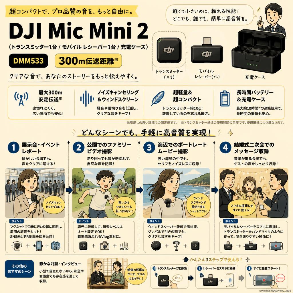 DJI Mic Mini 2（トランスミッター1台 / モバイル レシーバー1台 / 充電ケース） DMM533【300m伝送距離 】 用途