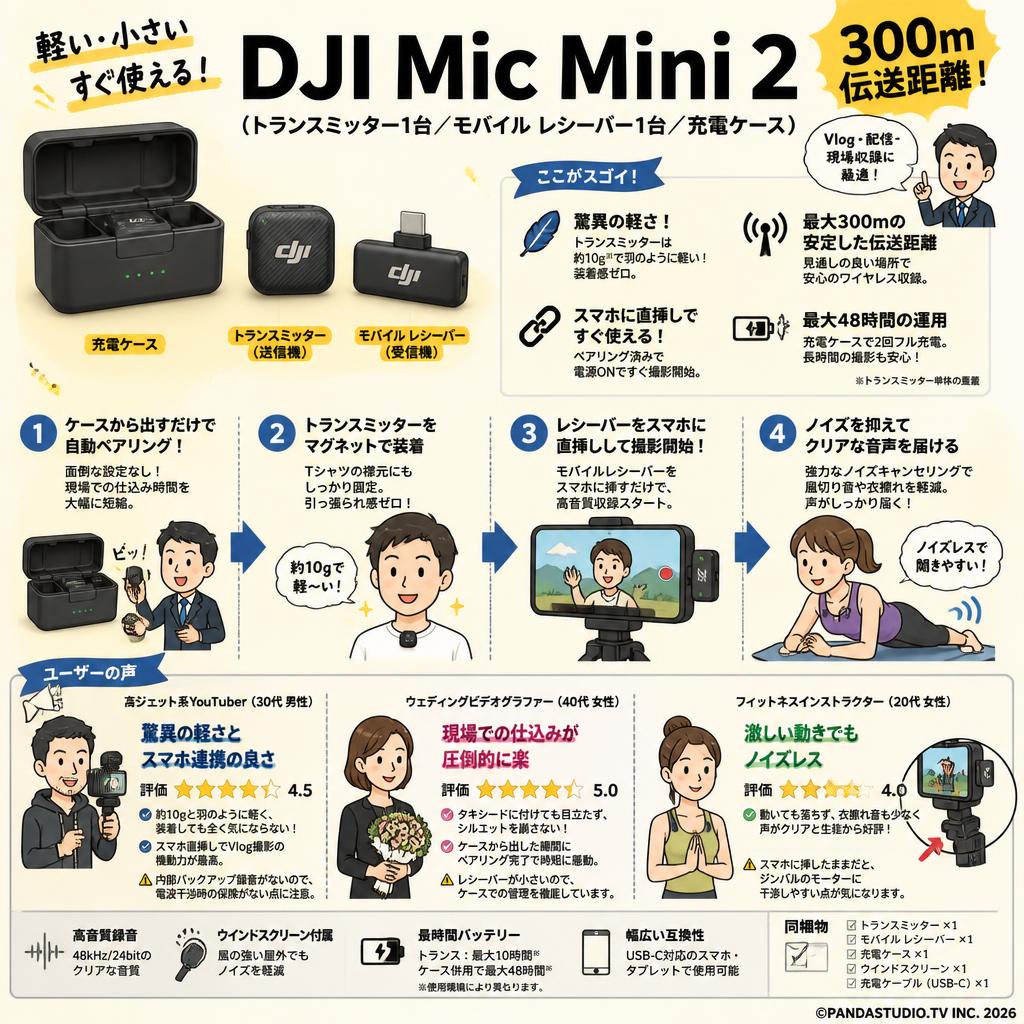 DJI Mic Mini 2（トランスミッター1台 / モバイル レシーバー1台 / 充電ケース） DMM533【300m伝送距離 】 インターネット上のお客様の声（評判）