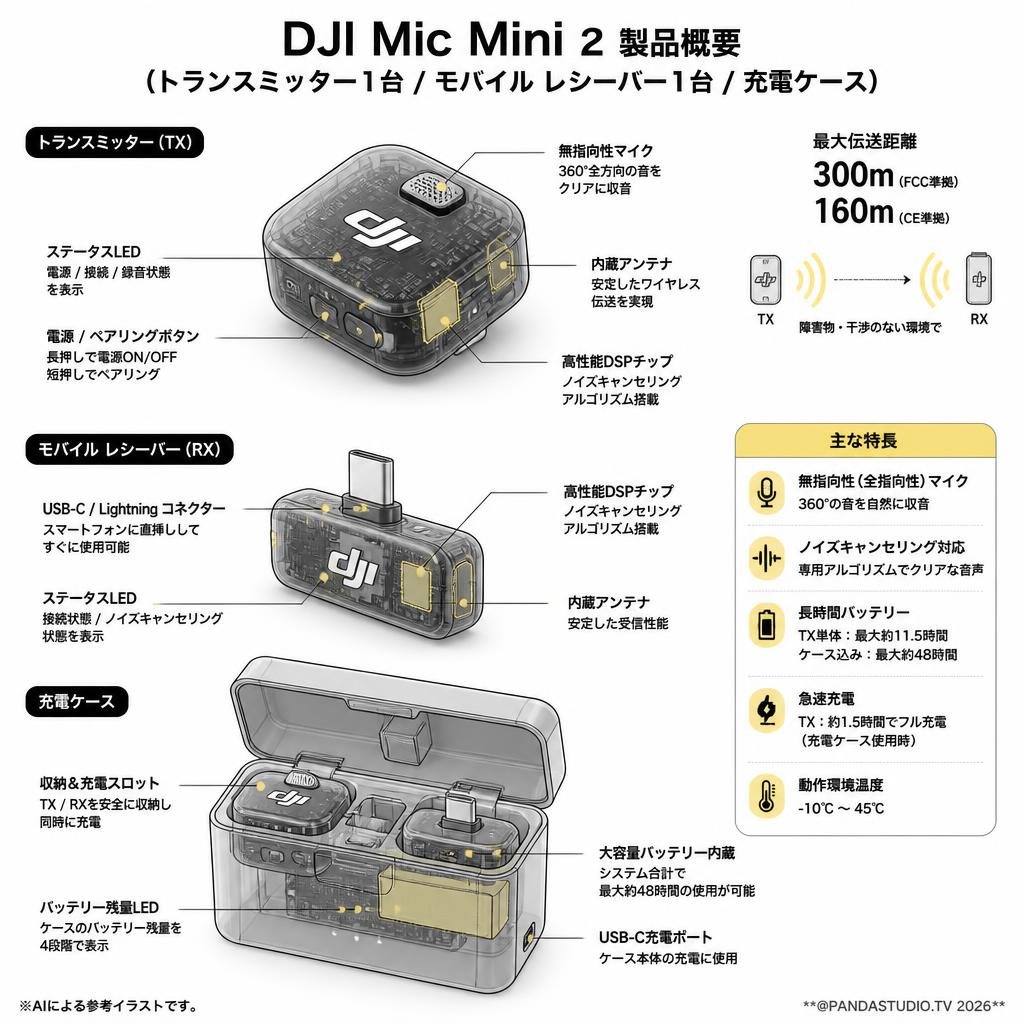 DJI Mic Mini 2（トランスミッター1台 / モバイル レシーバー1台 / 充電ケース） DMM533【300m伝送距離 】 スペック