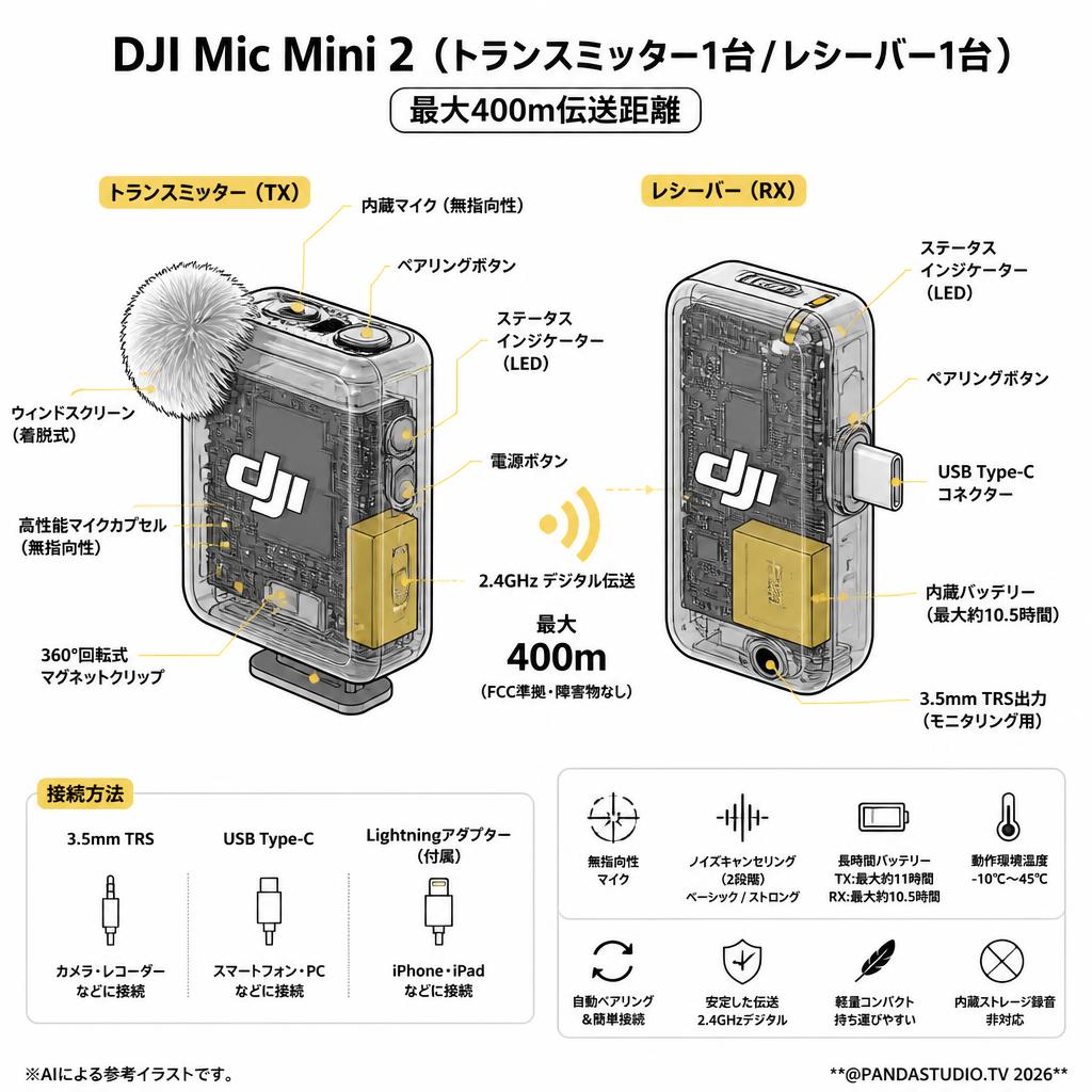 DJI Mic Mini 2（（トランスミッター1台 / レシーバー1台 ）【400m伝送距離 】 スペック