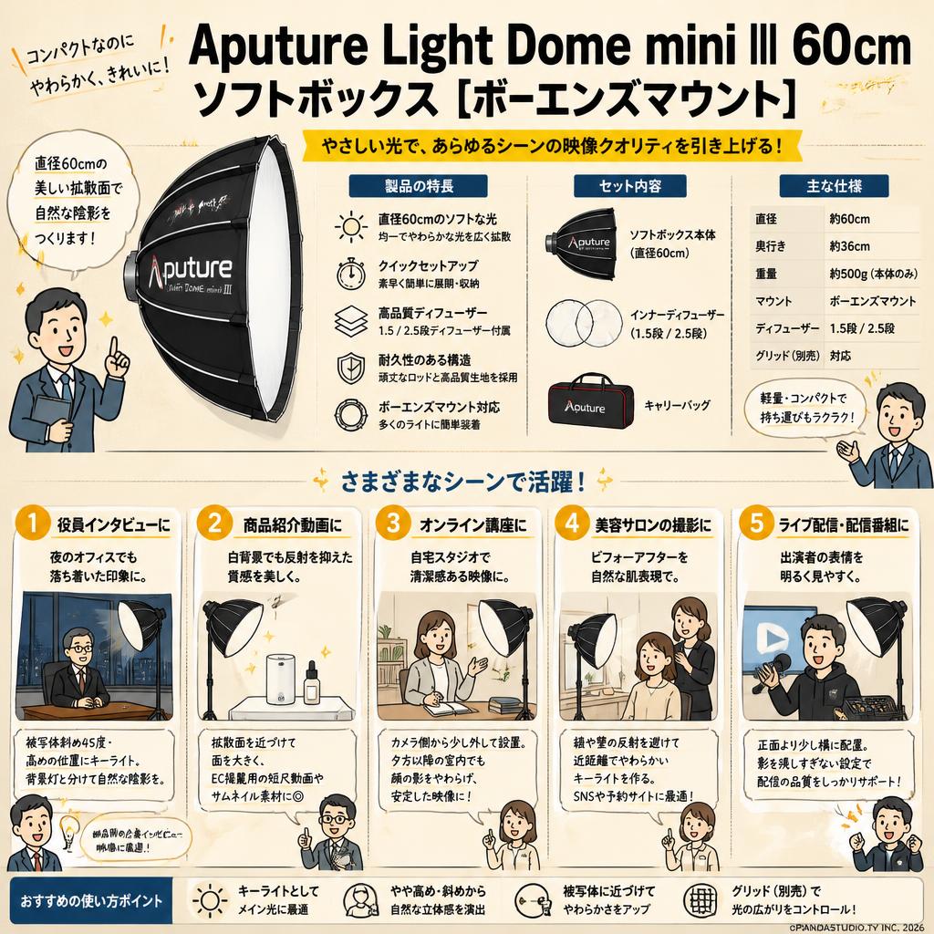 Aputure Light Dome mini III 60cm ソフトボックス   [ボーエンズマウント] 用途