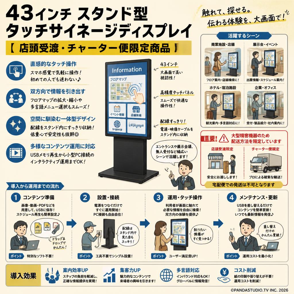43インチ スタンド型タッチサイネージディスプレイ【 店頭受渡・チャーター便限定商品 】 概要
