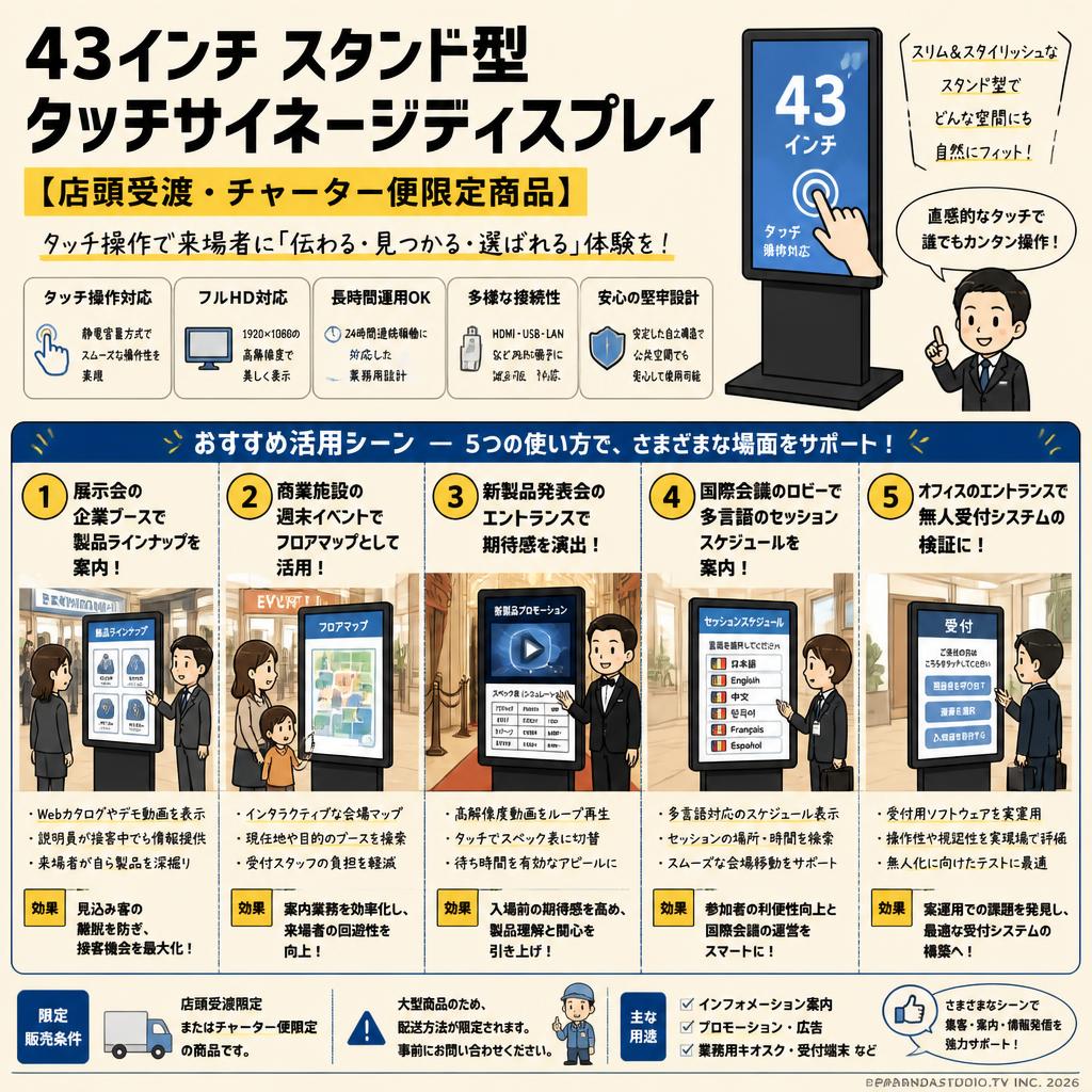43インチ スタンド型タッチサイネージディスプレイ【 店頭受渡・チャーター便限定商品 】 用途