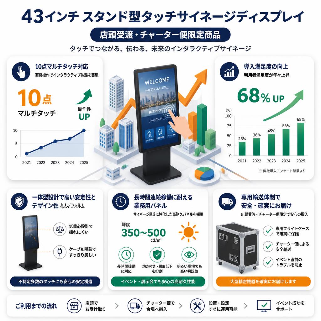 43インチ スタンド型タッチサイネージディスプレイ【 店頭受渡・チャーター便限定商品 】 セールスポイント