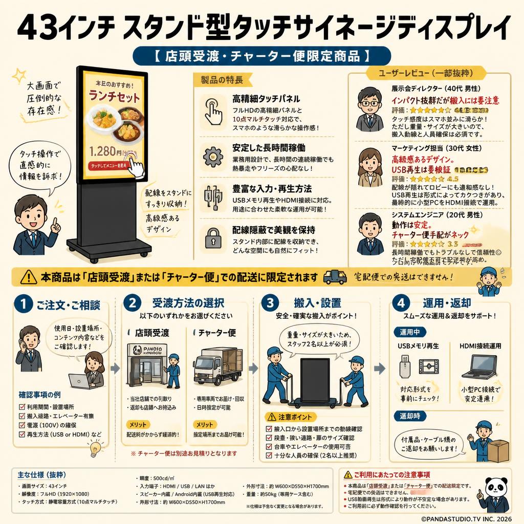 43インチ スタンド型タッチサイネージディスプレイ【 店頭受渡・チャーター便限定商品 】 インターネット上のお客様の声（評判）