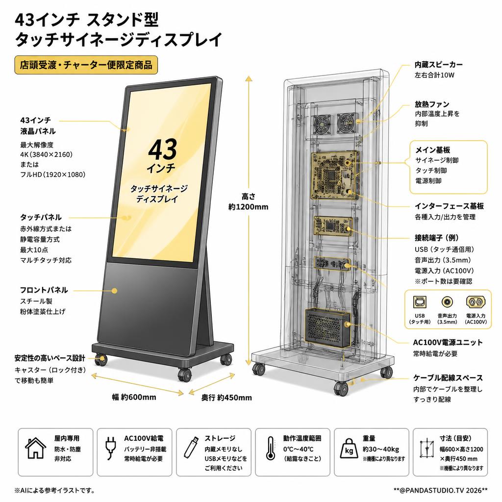 43インチ スタンド型タッチサイネージディスプレイ【 店頭受渡・チャーター便限定商品 】 スペック