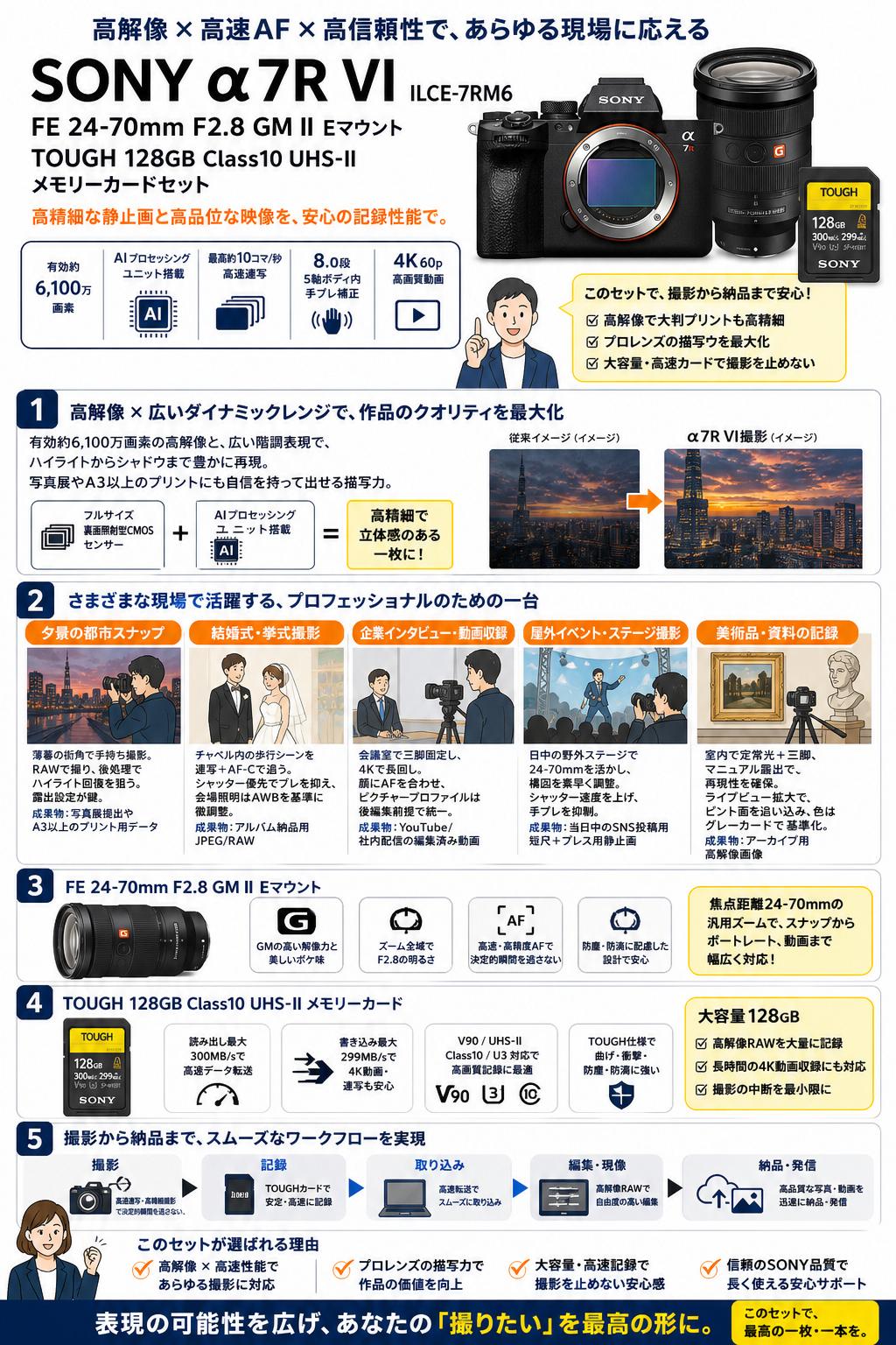 SONY α7R VI ILCE-7RM6 / FE 24-70mm F2.8 GM II Eマウント / TOUGH 128GB Class10 UHS-II メモリーカードセット 用途