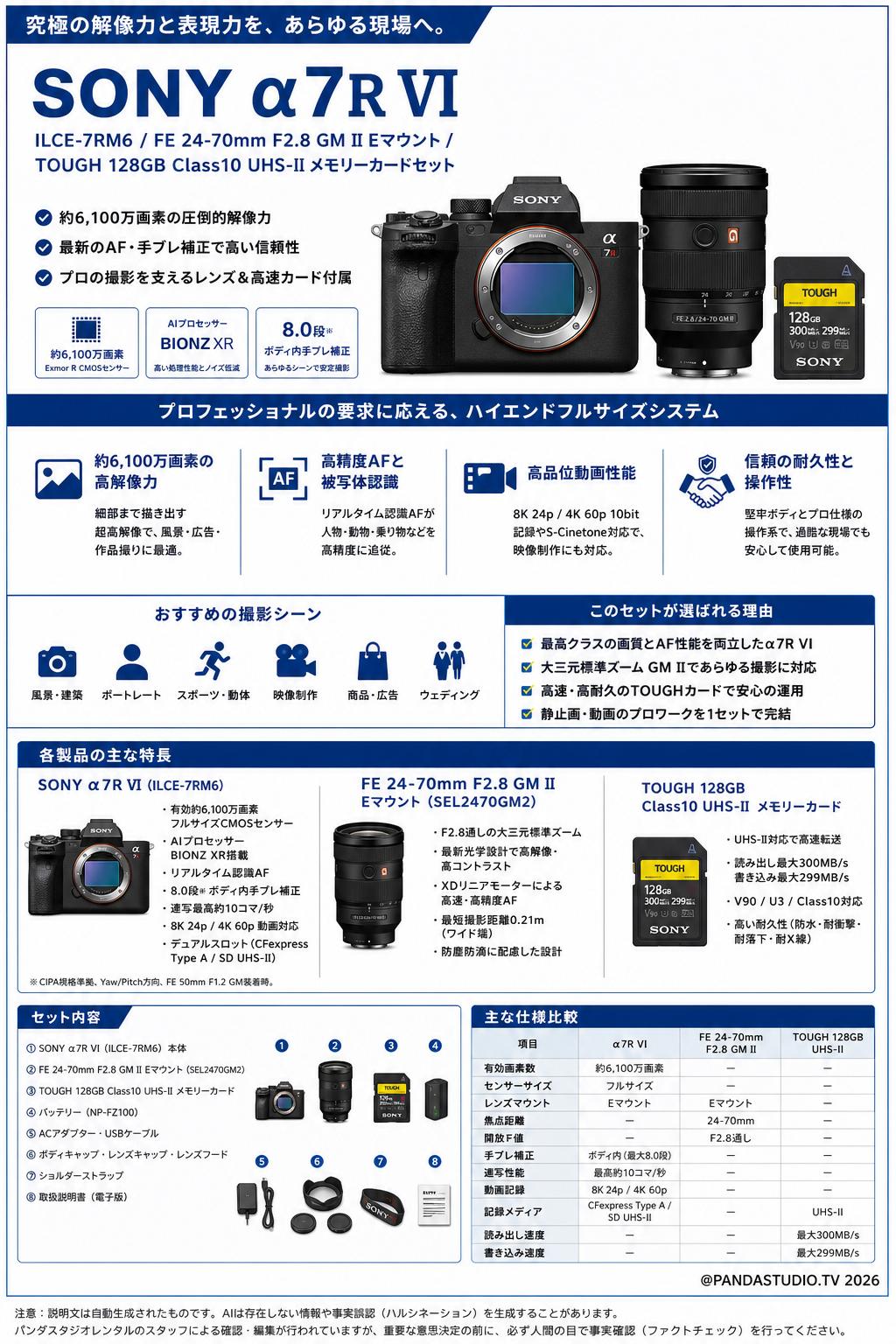 SONY α7R VI ILCE-7RM6 / FE 24-70mm F2.8 GM II Eマウント / TOUGH 128GB Class10 UHS-II メモリーカードセット 関連商品・競合製品