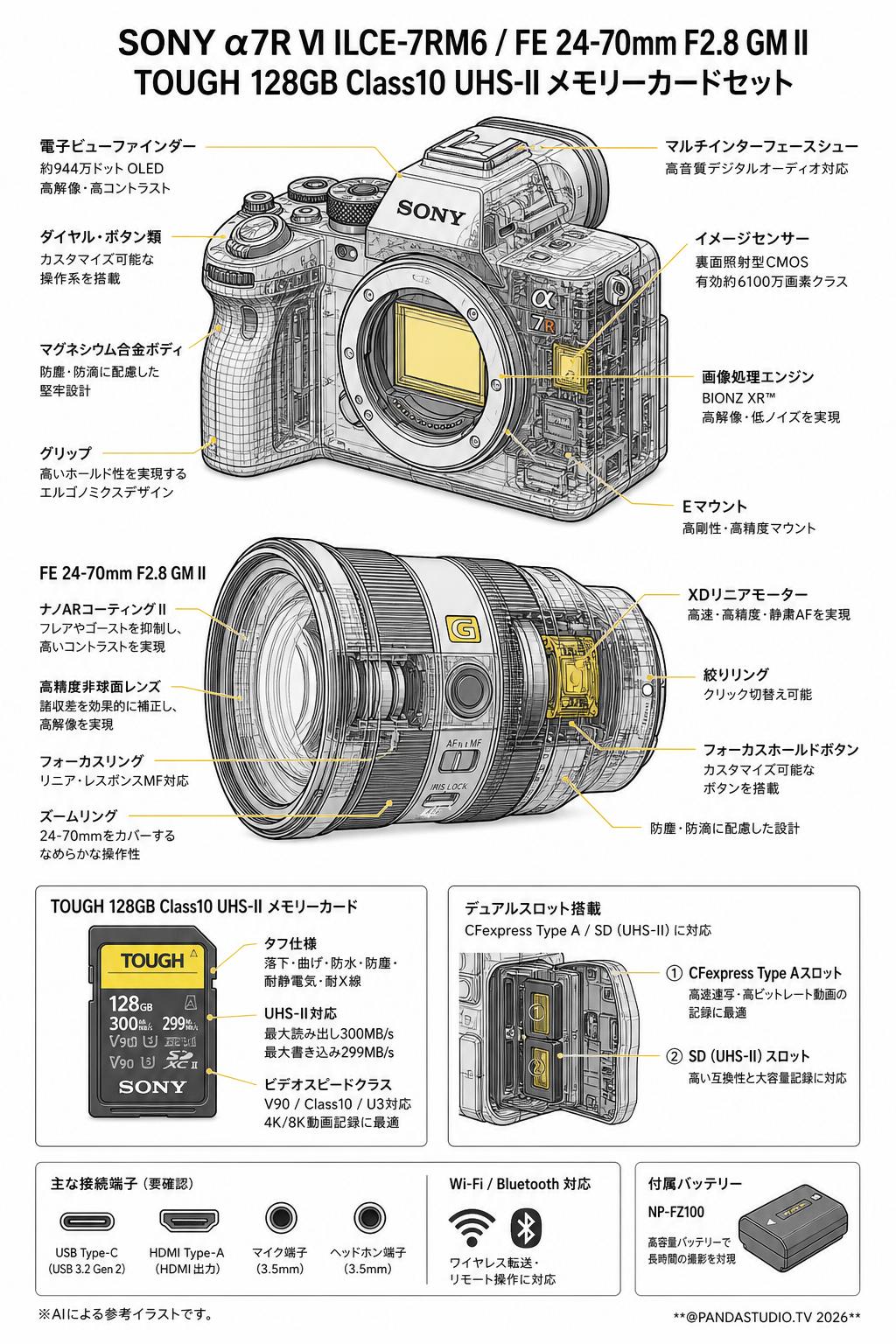 SONY α7R VI ILCE-7RM6 / FE 24-70mm F2.8 GM II Eマウント / TOUGH 128GB Class10 UHS-II メモリーカードセット スペック