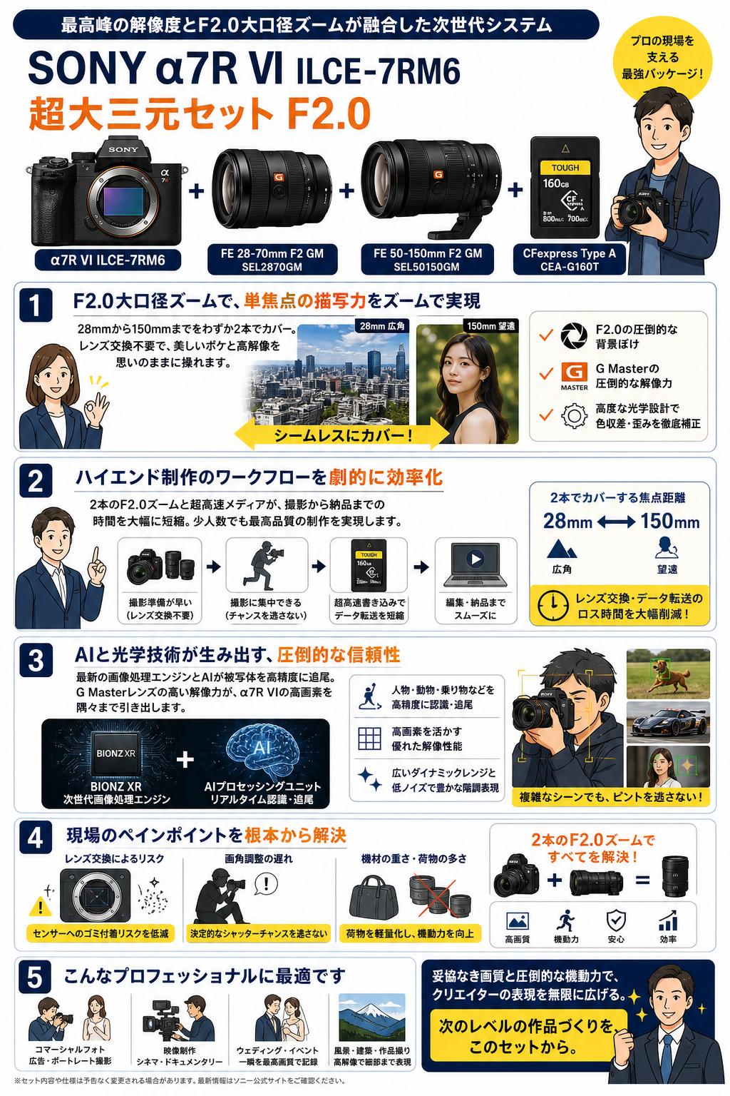 SONY α7R VI ILCE-7RM6 / 【超大三元セット F2.0 】SONY FE 28-70mm F2 GM SEL2870GM / FE 50-150mm F2 GM SEL50150GM / SONY CFexpress Type A CEA-G160T セット 概要