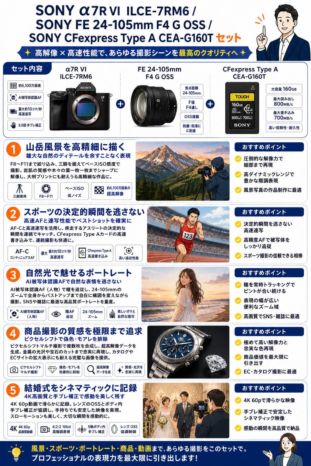 SONY α7R VI ILCE-7RM6 / SONY FE 24-105mm F4 G OSS / SONY CFexpress Type A CEA-G160T セット 用途