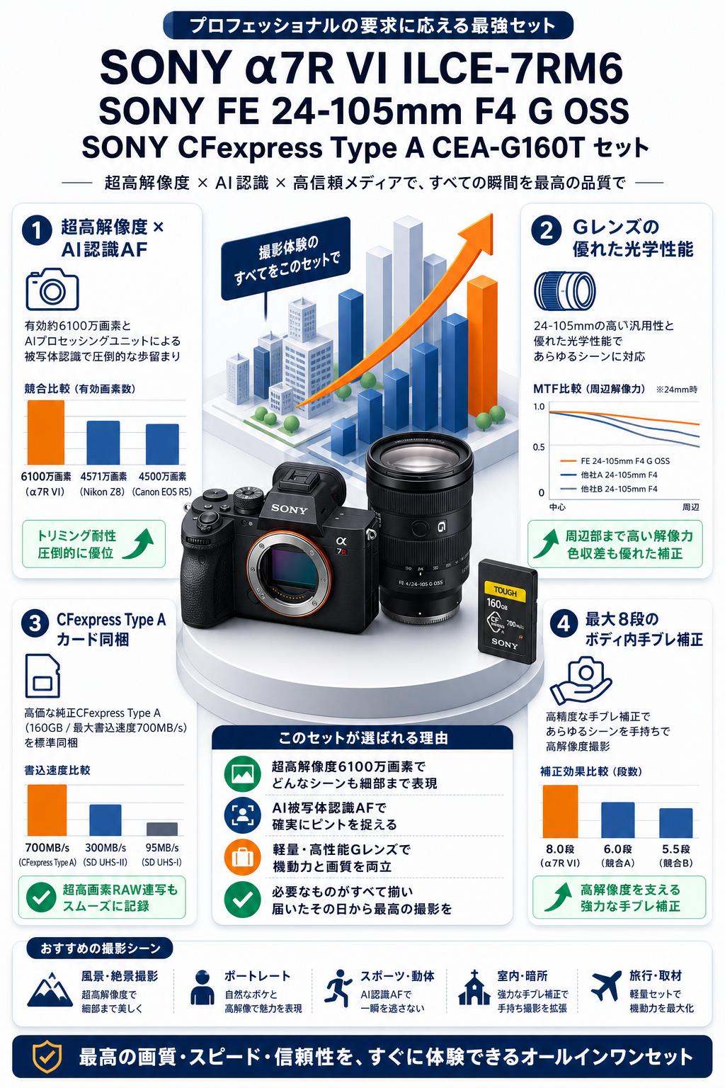 SONY α7R VI ILCE-7RM6 / SONY FE 24-105mm F4 G OSS / SONY CFexpress Type A CEA-G160T セット セールスポイント