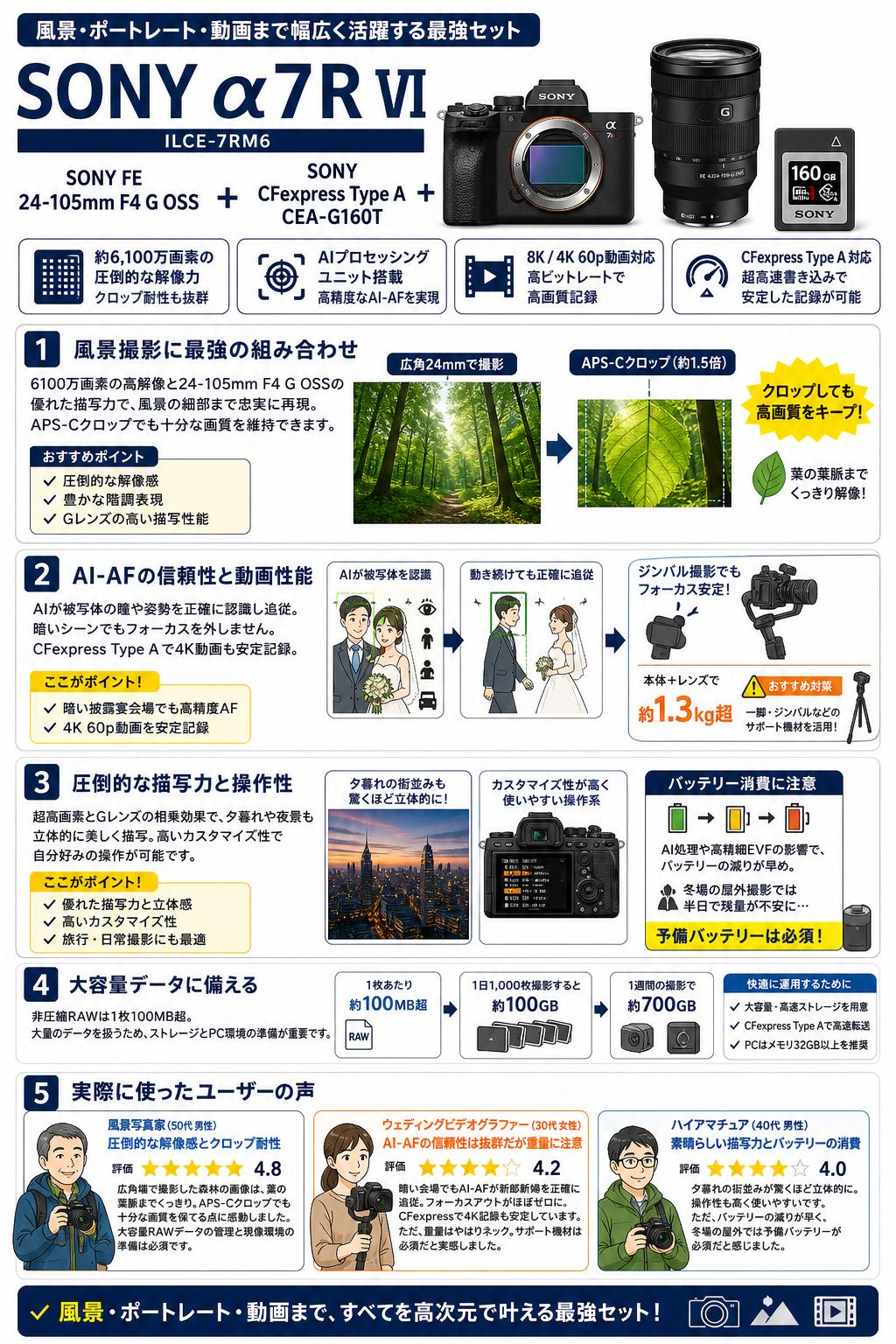 SONY α7R VI ILCE-7RM6 / SONY FE 24-105mm F4 G OSS / SONY CFexpress Type A CEA-G160T セット インターネット上のお客様の声（評判）