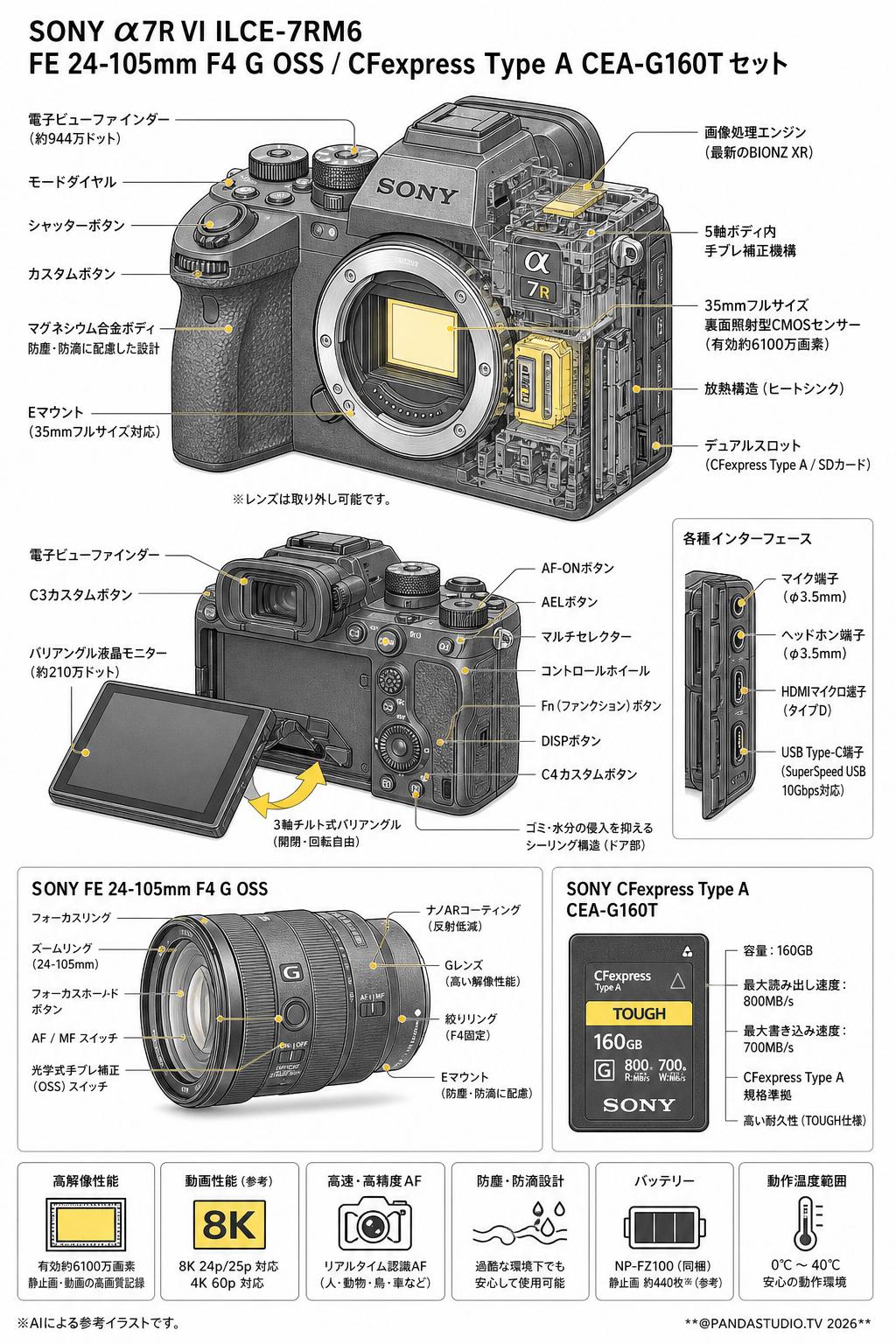 SONY α7R VI ILCE-7RM6 / SONY FE 24-105mm F4 G OSS / SONY CFexpress Type A CEA-G160T セット スペック