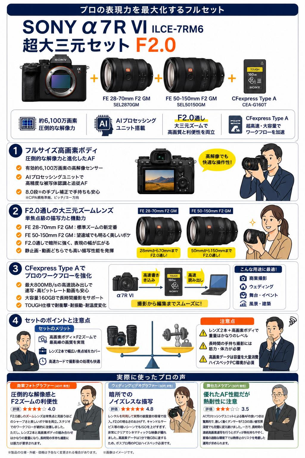 SONY α7R VI ILCE-7RM6 / 【超大三元セット F2.0 】SONY FE 28-70mm F2 GM SEL2870GM / FE 50-150mm F2 GM SEL50150GM / SONY CFexpress Type A CEA-G160T セット インターネット上のお客様の声（評判）