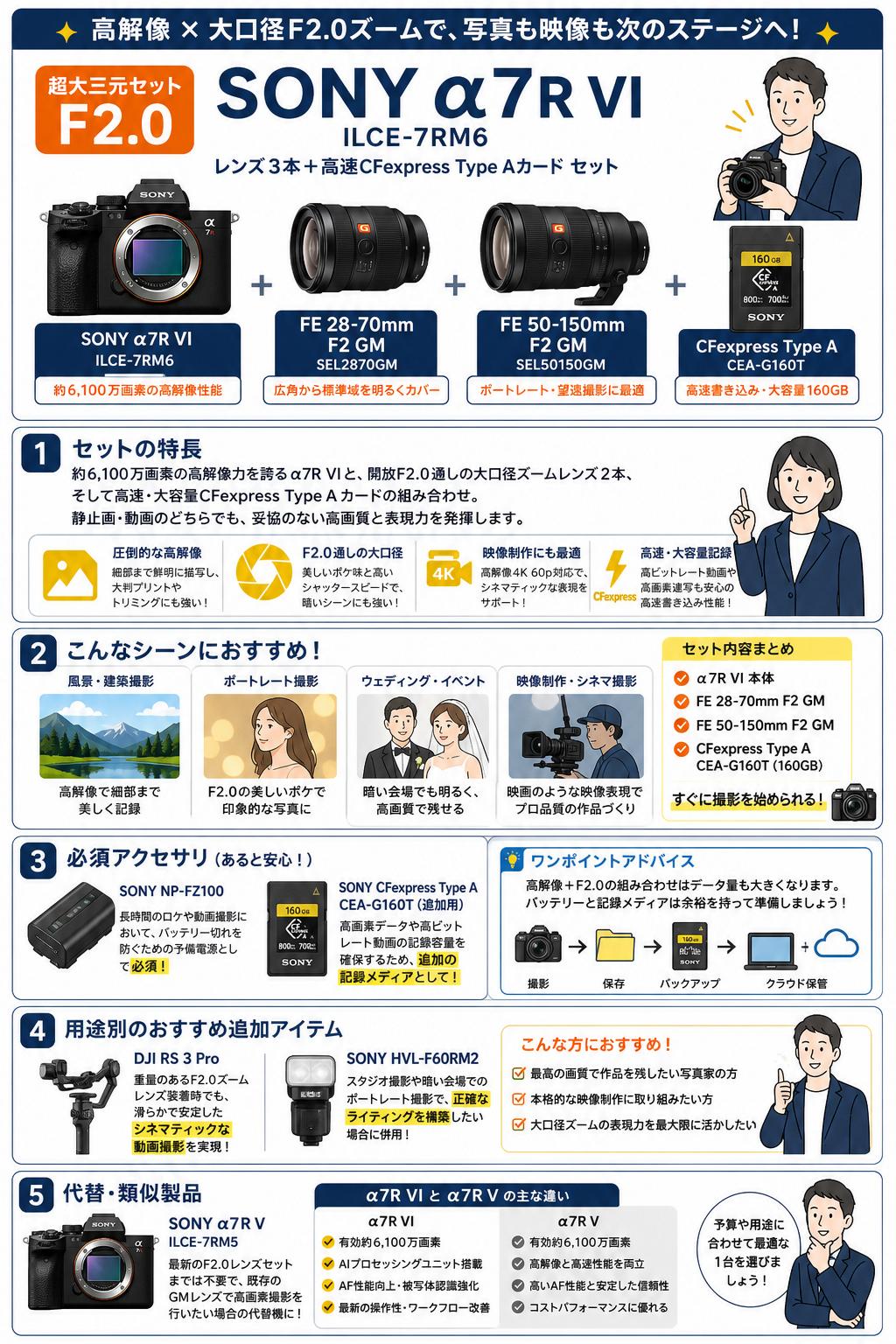 SONY α7R VI ILCE-7RM6 / 【超大三元セット F2.0 】SONY FE 28-70mm F2 GM SEL2870GM / FE 50-150mm F2 GM SEL50150GM / SONY CFexpress Type A CEA-G160T セット 関連機器・周辺機器