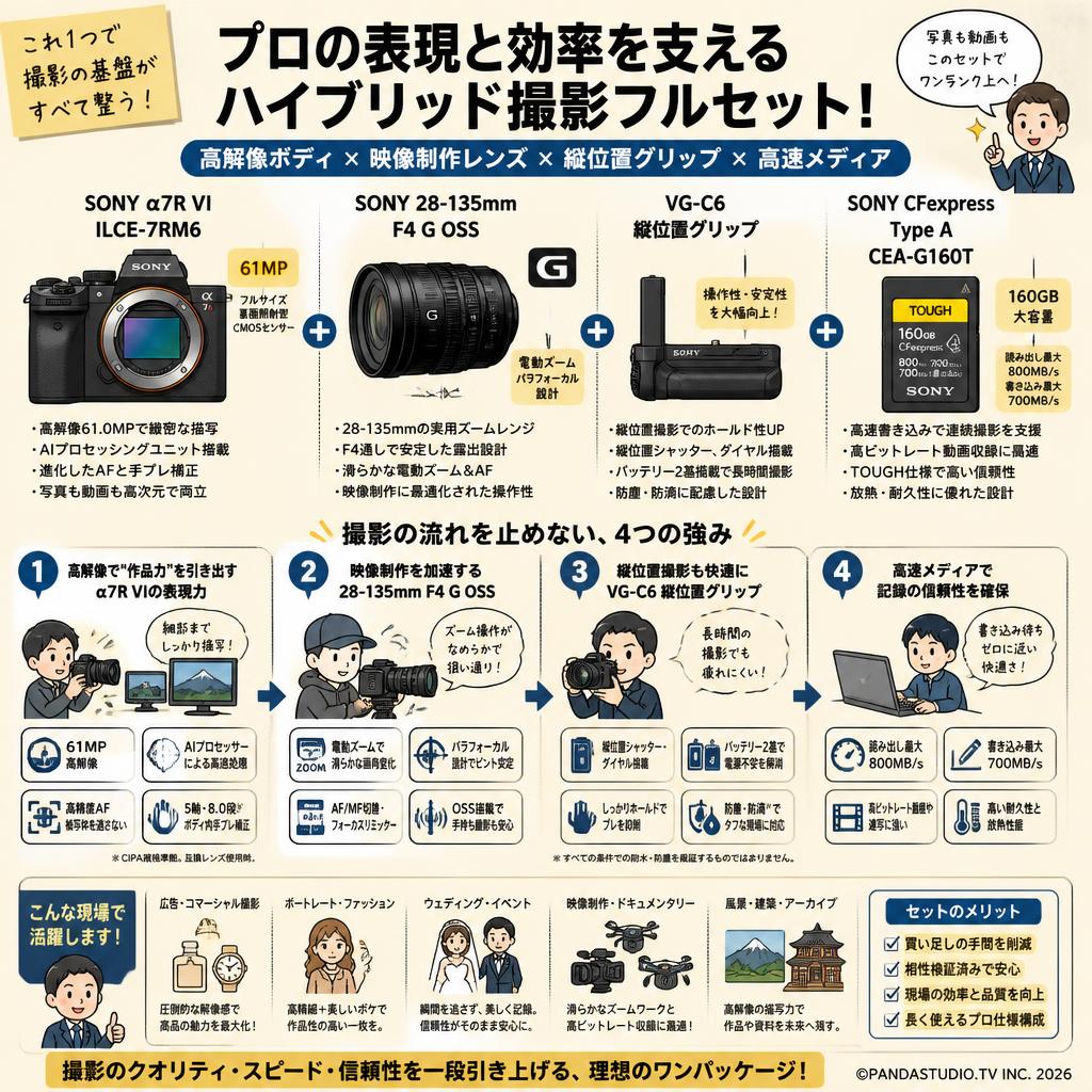 SONY α7R VI ILCE-7RM6 / SONY 28-135mm F4 G OSS / VG-C6 縦位置グリップ / SONY CFexpress Type A CEA-G160T セット 概要