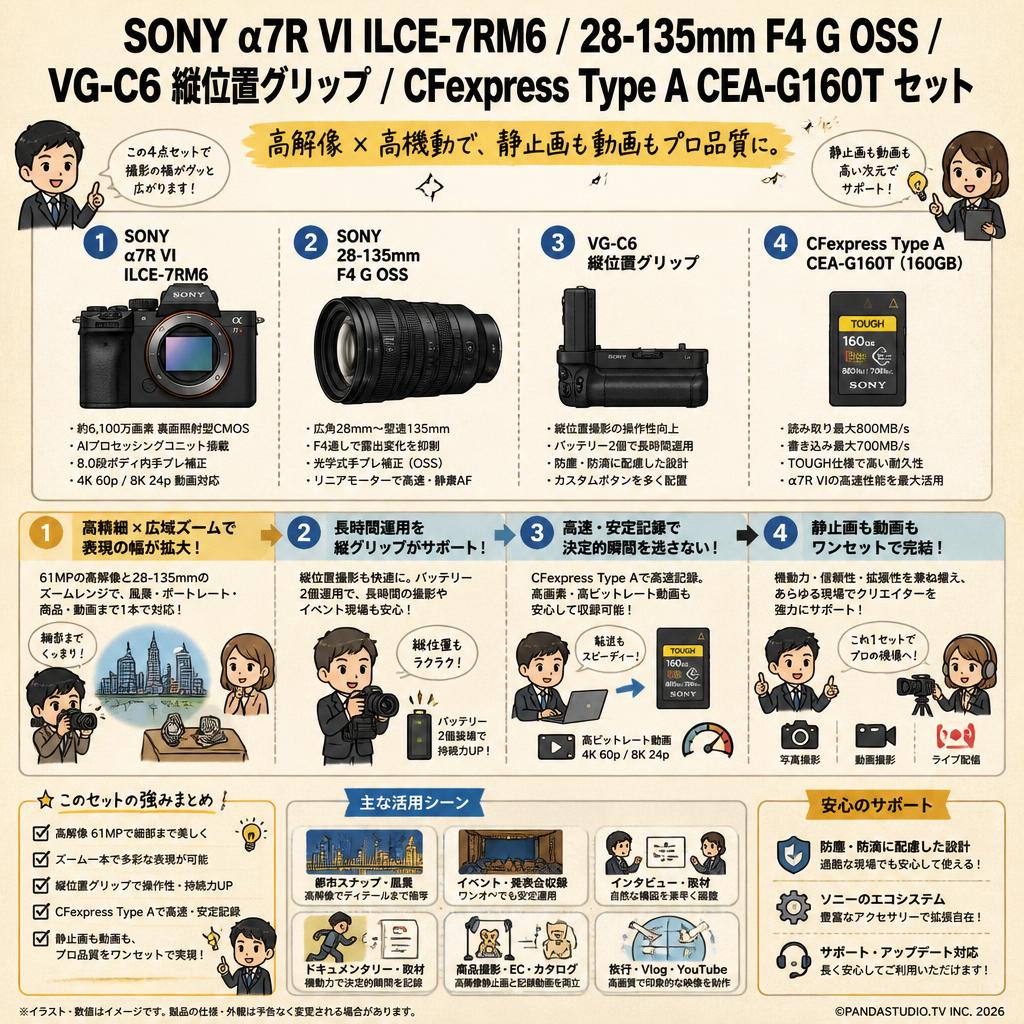 SONY α7R VI ILCE-7RM6 / SONY 28-135mm F4 G OSS / VG-C6 縦位置グリップ / SONY CFexpress Type A CEA-G160T セット 用途