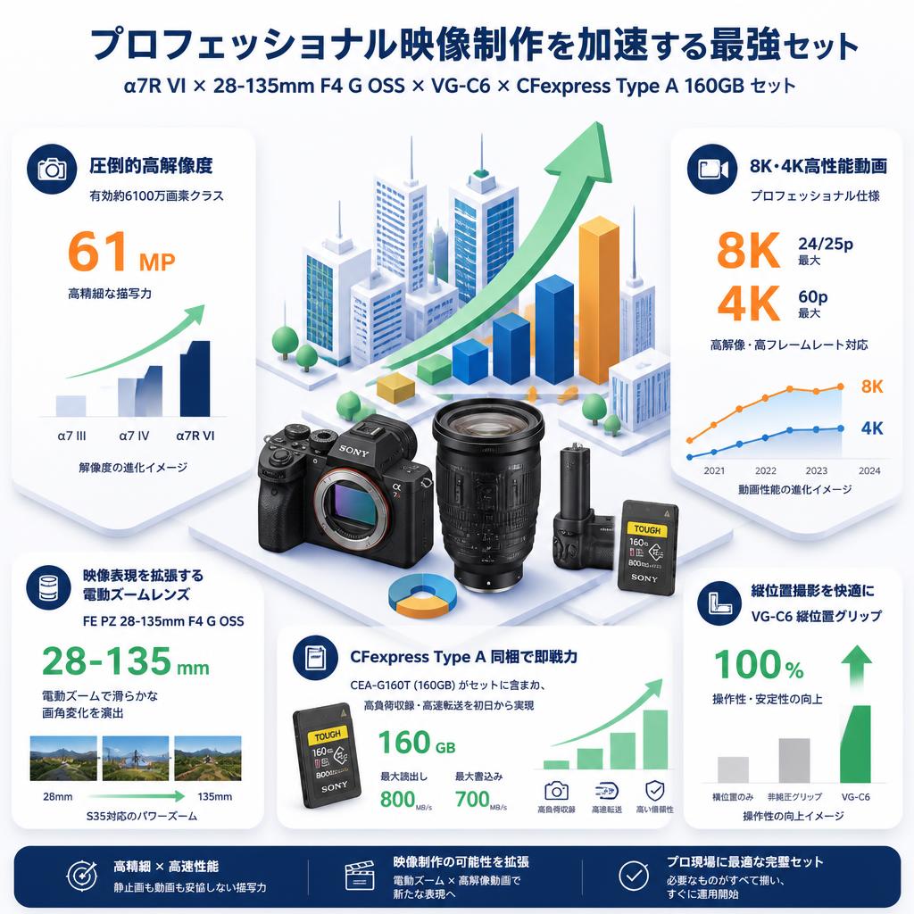 SONY α7R VI ILCE-7RM6 / SONY 28-135mm F4 G OSS / VG-C6 縦位置グリップ / SONY CFexpress Type A CEA-G160T セット セールスポイント